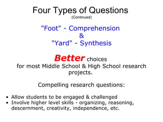 Four Types of Questions  (Continued) "Foot" - Comprehension  & "Yard" - Synthesis Better  choices  for most Middle School & High School research projects.  Compelling research questions: Allow students to be engaged & challenged Involve higher level skills - organizing, reasoning, descernment, creativity, independence, etc.  