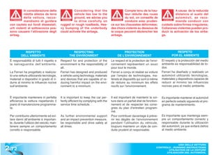 In considerazione della                   Considering that the                      Compte tenu de la hau-                  A causa de la reducida
             ridotta altezza da terra                  vehicle lies low to the                   teur réduite des roues                  distancia al suelo del
             della vettura, racco-                     ground, we advise you                     du sol, on conseille de                 automóvil, se reco-
             mandiamo di guidare                       to drive carefully on                     conduire avec pruden-                   mienda conducir con
  ATTENZIONE                                  WARNING!                                 ATTENTION                                ATENCIÓN
                                                                                                                                ATENCI


  con cautela sui fondi dissestati;          rugged or rough roadbeds. Hea-           ce sur les chaussées déformées;          cuidado sobre firmes irregulares;
  urti violenti al sottoscocca pos-          vy bumping of the underbody              des chocs violents au dessous de         Colisiones violentas pueden pro-
  sono causare l’attivazione degli           could activate the airbags.              la coque peuvent déclencher les          ducir la activación de los airba-
  airbag.                                                                             airbags.                                 gs.




             RISPETTO                                 RESPECTING                               PROTECTION                                RESPETO
           DELL’AMBIENTE                            THE ENVIRONMENT                        DE L’ENVIRONNEMENT                         POR EL AMBIENTE
  È responsabilità di tutti il rispetto e    Respect for and protection of the        Le respect et la protection de l’envi-   El respeto y la protección del medio
  la salvaguardia dell’ambiente.             environment is the responsibility of     ronnement représentent un souci          ambiente es responsabilidad de to-
                                             all.                                     pour tout le monde.                      dos.
  La Ferrari ha progettato e realizza-       Ferrari has designed and produced        Ferrari a conçu et réalisé sa voiture    Ferrari ha diseñado y realizado un
  to una vettura utilizzando tecnologie,     a vehicle using technology, materials    par l’emploi de technologies, ma-        automóvil utilizando tecnologías,
  materiali e dispositivi in grado di ri-    and devices that are capable of re-      tériels et dispositifs qui sont à même   materiales y dispositivos capaces de
  durre al minimo le influenze nocive        ducing harmful impact on the envi-       de réduire au minimum les effets         reducir al mínimo las influencias
  sull’ambiente.                             ronment to a minimum.                    nocifs sur l’environnement.              nocivas para el medio ambiente.


  È importante mantenere in perfetta         It is important to keep the car per-     Il est important de maintenir la voi-    Es importante mantener el automóvil
  efficienza la vettura rispettando il       fectly efficient by complying with the   ture dans un parfait état de fonction-   en perfecto estado siguiendo el pro-
  piano di manutenzione programma-           service time schedule.                   nement et de respecter les consi-        grama de mantenimiento.
  ta.                                                                                 gnes du plan d’entretien program-
                                                                                      mé.
  Per contribuire ulteriormente ed evi-      As further environmental support         Pour contribuer davantage à préve-       Es importante que mantenga siem-
  tare danni all’ambiente è importan-        and an impact prevention measure,        nir les dégâts de l’environnement        pre un comportamiento correcto y
  te, durante l’utilizzo del veicolo, man-   be responsible and drive safely at       pendant l’utilisation du véhicule,       responsable durante la utilización
  tenere sempre un comportamento             all times.                               toujours maintenir un style de con-      del automóvil, ya que evitará daños
  corretto e responsabile.                                                            duite prudent et responsable.            al medio ambiente.




2 .72
                                                                                                                                        USO DELLA VETTURA
                                                                                                                          CONTROLS - RUNNING INSTRUCTIONS
                                                                                                                                 UTILISATION DE LA VOITURE
                                                                                                                                UTILISACIÓN DEL AUTOMÓVIL
 