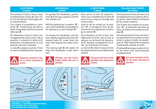 LEVA FRENO                               HANDBRAKE                                  LEVIER FREIN                     PALANCA DEL FRENO
               A MANO                                   LEVER                                       À MAIN                             DE MANO
Per azionare il freno a mano, tirare      To operate the handbrake, pull the        Pour serrer le frein de stationne-       Para accionar el freno de mano, tire
completamente la leva A verso l’al-       lever A all the way upwards until the     ment, tirer complètement le levier A     completamente de la palanca A ha-
to, fino ad ottenere il bloccaggio del-   rear wheels lock.                         vers le haut jusqu’au blocage des        cia arriba, hasta obtener el bloqueo
le ruote posteriori.                                                                roues arrière.                           de las ruedas traseras.
Con chiave di avviamento in posi-         With the ignition key in position “II”,   Avec la clé de contact sur la posi-      Con la llave de contacto en la posi-
zione “II”, l’inserimento del freno a     use of the handbrake is signalled by      tion “II”, le serrage du frein de sta-   ción “II”, la activación del freno de
mano è segnalato dall’illuminazione       the lighting up of warning light B.       tionnement est signalé par l’éclaira-    mano se indica al encenderse el te-
della spia B.                                                                       ge du témoin B.                          stigo B.
Per disinserire il freno a mano, tira-    To release the handbrake, pull the        Pour desserrer le frein à main, tirer    Para desconectar el freno de mano,
re leggermente la leva verso l’alto e     lever slightly upwards and press the      légèrement le levier vers le haut et     tire ligeramente de la palanca hacia
premere il pulsante di sblocco C.         release button C. Lower down the          appuyer sur le bouton de desserra-       arriba y pulse el botón de desblo-
Abbassare completamente la leva           lever fully keeping the button pres-      ge C. Abaisser complètement le le-       queo C. Baje totalmente la palanca
tenendo premuto il pulsante.              sed.                                      vier, en maintenant le bouton.           manteniendo pulsado el botón.
La spia B si spegne quando il freno       The warning light B will switch off       Le témoin B s’éteint lorsque le frein    El testigo B se apaga cuando el fre-
a mano è completamente rilasciato.        when the handbrake is fully relea-        de stationnement est complètement        no de mano está desconectado
                                          sed.                                      relâché.                                 completamente.

             Azionare sempre il fre-                  Always use the hand-                       Toujours serrer le frein                Accione siempre el fre-
             no a mano durante la                     brake when the car is                      pendant les stationne-                  no de mano durante la
             sosta.                                   parked.                                    ments.                                  parada.
ATTENZIONE                                 WARNING!                                  ATTENTION                                ATENCIÓN
                                                                                                                              ATENCI




                                                                           B              C
                 A




                                                                                                                                                           2 .73
 USO DELLA VETTURA
 CONTROLS - RUNNING INSTRUCTIONS
 UTILISATION DE LA VOITURE
 UTILISACIÓN DEL AUTOMÓVIL
 