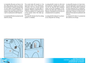 La targhetta D posta sul fianco de-       The small plate D located on the        La plaquette D, située du côté droit      La placa D situada en el lado dere-
 stro della plancia indica la necessi-     right-hand side of the dashboard,       de la planche, rappelle que le systè-     cho del salpicadero recuerda que el
 ta di sostituire l’impianto airbag dopo   indicates that the airbag system        me de l’air bag doit être remplacé        sistema del airbag debe sustituirse
 10 anni dalla sua installazione. Al-      must be replaced 10 years after in-     après 10 ans de l’installation. A l’ap-   10 años después de su instalación.
 l’avvicinarsi di questa scadenza ri-      stallation. Please contact the Ferra-   procher de cette date, s’adresser au      Cuando se aproxime dicha fecha de
 volgersi alla Rete Assistenza Ferra-      ri Service Network for replacement      Réseau d’Assistance Ferrari pour le       caducidad, diríjase a la Red de Asi-
 ri per la sostituzione dell’impianto.     of the system when this date ap-        remplacement du système.                  stencia Ferrari para la sustitución del
                                           proaches.                                                                         sistema.
 La targhetta E indica la presenza del     The plate E indicate that the airbag    La plaquette E indiquent la présen-       La etiqueta E indican la presencia
 sistema airbag.                           system is installed.                    ce du dispositif de l’airbag.             del sistema de airbags.




            D                                                       E




2 .90
                                                                                                                                      USO DELLA VETTURA
                                                                                                                        CONTROLS - RUNNING INSTRUCTIONS
                                                                                                                               UTILISATION DE LA VOITURE
                                                                                                                              UTILISACIÓN DEL AUTOMÓVIL
 