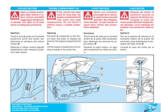 COFANO MOTORE                      ENGINE COMPARTMENT LID                          CAPOT MOTEUR                              CAPÓ MOTOR
            Dopo un utilizzo prolun-               If the vehicle has been                  Après une utilisation                    Después de utilizar el
            gato della vettura il co-              used for long trips, the                 prolongée de la voiture,                 automóvil durante un
            fano motore potrebbe                   engine compartment lid                   le capot moteur pourrait                 espacio de tiempo pro-
 ATTENZIONE
            raggiungere temperatu-        WARNING!
                                                   may reach very high            ATTENTION
                                                                                            atteindre des tempéra-          ATENCIÓN
                                                                                                                            ATENCI
                                                                                                                                     longado el capó del
re elevate; non agire su di esso        temperatures. Do not touch it            tures élevées: ne pas toucher le          motor podría alcanzar temperatu-
senza un’adeguata protezione.           without using a suitable protec-         capot sans utiliser des protec-           ras elevadas; no lo manipule sin
                                        tion.                                    tions adaptées.                           emplear una protección adecua-
                                                                                                                           da.
Apertura                                Opening                                  Ouverture                                 Apertura
Tirare la leva A, posta sul montante    Pull lever A, positioned on the driv-    Tirer le levier A, situé sur le montant   Tire de la palanca A, situada en el
posteriore porta lato pilota, per       er ’s door rear pillar, to release the   arrière de la porte côté conducteur       montante trasero de la puerta del
sbloccare le serrature del cofano       locks for the engine compartment lid     pour débloquer les serrures du ca-        conductor, para desbloquear la cer-
motore B.                               B.                                       pot moteur B.                             radura del capó motor B.
Sollevare il cofano motore agendo       Lift the engine compartment lid hol-     Soulever le capot moteur, en agis-        Levante el capó del motor por el
esattamente sulla mezzeria poste-       ding it exactly in its centre line.      sant exactement au milieu de celui-       centro
riore dello stesso.                                                              ci.




                                                                                                     B
                                                                                                                                    C
                                                                                                     C


                                                                                                                                    C




                          A



                                                                                                                                                        2 .97
 USO DELLA VETTURA
 CONTROLS - RUNNING INSTRUCTIONS
 UTILISATION DE LA VOITURE
 UTILISACIÓN DEL AUTOMÓVIL
 