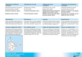 Regolazione dei diffusori                Adjusting the air vents                   Réglage des buses                         Regulación de los difusores
orientabili                                                                        orientables                               orientables
Orientamento del flusso di aria A.       Directing the air flow A.                 Orientation du flux d’air A.              Orientación del flujo de aire A.
Portata del flusso di aria B.            Air flow rate B.                          Débit du flux d’air B.                    Caudal del flujo de aire B.
Rotazione antioraria: aperto.            Turned anti-clockwise: open.              Rotation dans le sens contraire des       Rotación contraria a las agujas
                                                                                   aiguilles d’une montre: ouvert.           del reloj: abierto.
Rotazione oraria: chiuso.                Turned clockwise: closed.                 Rotation dans le sens des aiguil-         Rotación en el sentido de las
                                                                                   les d’une montre: fermé.                  agujas del reloj: cerrado.


Manutenzione                             Maintenance                               Entretien                                 Mantenimiento
Il filtro anti-polline deve essere so-   The pollen filter must be replaced        Le filtre anti-pollen doit être rempla-   El filtro antipolen debe sustituirse
stituito ogni anno, come riportato nel   every year, as indicated in the “Ser-     cé chaque année, comme indiqué            anualmente, como se indica en el
“Piano di manutenzione” (Pag. 6.4).      vice time schedule” (page 6.4).           au “Plan d’entretien” (page 6.4).         “Plano de mantenimiento” (Pág.
                                                                                                                             6.4).
Sensore irraggiamento solare             Sun radiation sensor                      Capteur de rayonnement solaire            Sensor de radiación solar
Posizionato sulla plancia portastru-     The sensor is positioned on the instru-   Situé sur la planche à instruments,       Situado en el salpicadero en el
menti ottimizza la ventilazione e la     ment panel and it optimises ventila-      il optimise la ventilation et le régla-   portainstrumentos, optimiza la
regolazione della temperatura, richie-   tion and temperature control inside the   ge de la température souhaitée dans       ventilación y la regulación de la tem-
sta in abitacolo, in funzione dell’an-   compartment, depending upon the           l’habitacle, en fonction de l’angle       peratura seleccionada en el
golo di incidenza dei raggi solari.      incidence angle of the sun rays.          d’incidence des rayons solaires.          habitáculo, en función del ángulo de
                                                                                                                             incidencia de los rayos solares.
          B




                                A




                                                                                                                                                           2 .111
 USO DELLA VETTURA
 CONTROLS - RUNNING INSTRUCTIONS
 UTILISATION DE LA VOITURE
 UTILISACIÓN DEL AUTOMÓVIL
 