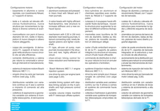 Configurazione motore:                    Engine configuration:                   Configuration moteur:                    Configuración del motor:
- basamento in alluminio e canne          - aluminium crankcase and pressed-      - bloc-cylindres en aluminium et         - bloque de aluminio y camisas con
  riportate, con rivestimento Nikasil,      in liners lined with Nikasil and 7      chemises reportées avec revête-          recubrimiento Nikasil, con 7 sopor-
  a 7 supporti di banco;                    main journals;                          ment au Nikasil à 7 supports de          tes de bancada;
                                                                                    palier;
- teste a 4 valvole ad elevata effi-      - 4-valve heads with highly efficient   - culasses à 4 soupapes haute effi-      - culatas de 4 válvula y elevada efi-
  cienza fluidodinamica, nuova              fluid-dynamics, new structure to        cacitè fluido-dynamique, nouvel-         ciencia fluidodinámica, nueva
  struttura per incrementare la rigi-       increase stiffness and a new ex-        le structure pour augmenter la rai-      estructura para incrementar la rigi-
  dezza e diverso schema di scari-          haust layout;                           deur et différent schéma d’échap-        dez y diferente esquema de esca-
  co;                                                                               pement;                                  pe;
- manovellismo con perni di banco         - mechanism with 2,32 in (59 mm)        - manivelles avec tourillons de 59       - cinemática con pernos de banco de
  diametro 59 mm, bielle in titanio,        diameter main bearing journals, ti-     mm de diamètre, bielles au tita-         59 mm de diámetro, bielas de tita-
  pistoni di nuovo disegno e albero         tanium connecting rods, newly de-       ne, pistons de nouvelle concep-          nio, pistones de nuevo diseño y ci-
  motore alleggerito;                       signed pistons and lighter crank-       tion et vilebrequin allégé;              güeñal aligerado;
                                            shaft;
- coppa olio avvolgente di deriva-        - F1 type, all-over oil sump, main      - carter d’huile emboîtant emprun-       - cárter de aceite envolvente deriva-
  zione F1, supporti di banco inte-         journals incorporated in the struc-     té de la F1, supports de paliers         do de la F1, soportes de bancada
  grati nella struttura e nuovo circui-     ture and new, highly efficient oil      intégrés à la structure et nouveau       integrados en la estructura y nue-
  to olio ad alta efficienza;               circuit;                                circuit d’huile haute efficacitè;        vo circuito de alta eficiencia;
- comando distribuzione a catena          - chain-driven timing control for       - commande de distribution à chaî-       - accionamiento de la distribución por
  per ridurre la rumorosità e annul-        noise reduction and maintenance-        ne pour réduire le bruit et annuler      cadena para reducir la rumorosidad
  lare gli interventi di manutenzione;      free;                                   les opérations d’entretien;              y anular las intervenciones de man-
                                                                                                                             tenimiento;
- sistema di iniezione motore Bosch       - Bosch Motronic ME7.1.1 engine         - système d’injection moteur Bosch       - sistema de inyección del motor Bo-
  Motronic ME7.1.1;                         injection system                        Motronic ME7.1.1;                        sch Motronic ME7.1.1;
- singolo drive-by-wire per bancata       - one drive-by-wire per engine bank     - drive-by-wire simple pour chaque       - único drive-by-wire por bancada del
  motore (vedi pag. 3.20);                  (see page 3.20);                        rangée de cylindres (voir page           motor (véase pág. 3.20);
                                                                                    3.20);
- distribuzione variabile con varia-      - variable timing system with step-     - distribution variable avec variateur   - distribución variable con variador
  tore continuo sui 4 assi a camme          less timing variator on the 4 cam-      continu sur les 4 arbres à cames         continuo en los 4 árboles de levas
  e impianto di comando ad alta             shafts and high pressure control        et système de commande haute             y sistema de accionamiento a alta
  pressione;                                system;                                 pression;                                presión;
- collettore di aspirazione a geome-      - variable volume intake manifold       - collecteur d’admission à géométrie     - colector de admisión de geometría
  tria variabile con sistema di trom-       with F1 telescopic offtake system.      variable avec système de trompet-        variable con sistema de trompetas
  bette telescopiche, di derivazione                                                tes télescopiques empruntées de          telescópicas derivado de la F1.
  F1.                                                                               la F1.


                                                                                                                                                           3 .3
 MOTORE
 ENGINE
 MOTEUR
 MOTOR
 