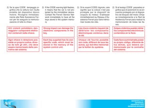 2) Se la spia CODE lampeggia si-        2) If the CODE warning light flashes,   2) Si le voyant CODE clignote, cela    2) Si el testigo CODE parpadea si-
    gnifica che la vettura non risulta      it means that the car is not pro-       signifie que la voiture n’est pas      gnifica que el automóvil no se en-
    protetta dal dispositivo blocco         tected by the immobilizer device.       protégée par le dispositif de          cuentra protegido por el disposi-
    motore. Rivolgersi immediata-           Contact the Ferrari Service Net-        coupure du moteur. S’adresser          tivo de bloqueo del motor. Diríja-
    mente alla Rete Assistenza Fer-         work immediately to have all the        immédiatement au Réseau d’As-          se inmediatamente a la Red de
    rari per far eseguire la memoriz-       keys stored in the system memo-         sistance Ferrari pour faire mémo-      Asistencia Ferrari para realizar la
    zazione di tutte le chiavi.             ry.                                     riser toutes les clés.                 memorización de todas las lla-
                                                                                                                           ves.
  Urti violenti potrebbero dan-           Strong impact can damage the            Les chocs violents risquent de         Golpes violentos pueden dañar
  neggiare i componenti elettro-          electronic components in the            détériorer les composants              los componentes electrónicos
  nici contenuti nella chiave.            key.                                    électroniques contenus dans            contenidos en la llave.
                                                                                  la clé.

  Ogni chiave in dotazione pos-           Each key supplied has its own           Chaque clé fournie possède             Cada llave suministrada posee
  siede un proprio codice, diver-         specific code, which must be            son code, différent de tous les        su propio código, diferente de
  so da tutti gli altri, che deve         stored in the memory of the             autres, qui doit être mémorisé         los demás, que deberá ser
  essere memorizzato dalla cen-           system control unit.                    par le boîtier du système.             memorizado por la centralita
  tralina del sistema.                                                                                                   del sistema.




1 .6
                                                                                                                                             GENERALITA’
                                                                                                                                                GENERAL
                                                                                                                                            GENERALITES
                                                                                                                                          GENERALIDADES
 