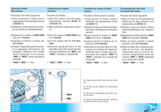 Controllo livello                        Checking the engine                       Contrôle du niveau d’huile                          Comprobación del nivel
olio motore                              oil level                                 moteur                                              de aceite del motor
Procedere nel modo seguente:             Proceed as follows:                       Procéder comme décrit ci-après:                     Proceda del modo siguiente:
1)Fare funzionare il motore fino a       1)Run the engine until the water          1)Faire tourner le moteur jusqu’à                   1)Deje el motor en funcionamiento
  raggiungere la temperatura acqua         temperature reaches 80-90 °C              atteindre une température d’eau                     hasta que el agua alcance una
  di 80-90 °C.                             (176-194 °F).                             de 80-90 °C.                                        temperatura de 80-90 °C.
2)Attendere l’inserimento di entram-     2)Wait until both cooling fans switch     2)Attendre jusqu’au déclenchement                   2)Espere a que se activen ambos
  be le ventole di raffreddamento.         on.                                       des deux ventilateurs de refroidis-                 electroventiladores de refrigera-
                                                                                     sement.                                             ción.
3)Regimare il motore a 4000-4500         3)Run the engine at 4000-4500 rpm         3)Faire tourner le moteur à 4000-                   3)Mantenga el motor girando a 4000-
  rpm per 1 minuto.                        for 1 minute.                             4500 tr/mn pour 1 minute.                           4500 rpm durante 1 minuto.
4)Lasciare al minimo il motore per       4)Let the engine idle for 3-4 min-        4)Laisser tourner le moteur au ra-                  4)Deje el motor girando a ralentí
  3-4 minuti.                              utes.                                     lenti pour 3-4 minutes.                             durante unos 3-4 minutos.
5)Svitare il tappo A e posizionando-     5)Unscrew cap A and rest it on the        5)Dévisser le bouchon A et, en l’ap-                5)Afloje el tapón A y colóquelo apo-
  lo in appoggio sull’imbocco del          tank filler neck, then check that the     puyant sur l’embout du réservoir,                   yado en la boca del depósito,
  serbatoio, verificare che il livello     oil level is between the “MIN” and        contrôler que le niveau est com-                    compruebe que el nivel se en-
  risulti compreso tra le tacche           “MAX” notches on dipstick B.              pris entre les repères “MIN” et                     cuentre comprendido entre las
  “MIN” e “MAX” incise sull’asta di                                                  “MAX” marqués sur la jauge de                       marcas “MIN” y “MAX” grabadas
  livello B.                                                                         niveau B.                                           en la varilla de nivel B.
• “MAX”-“MIN” = 1 litro                  • “MAX”-”MIN” = 1 litre                   • “MAX”-”MIN” = 1 litre                             • “MAX”-”MIN” = 1 litro



                             A             B


                                                                                   A - Tappo carico olio; B - Asta controllo livello
                                                                                   olio.

                                                                                   A - Oil filler cap; B - Dipstick for checking the
                                                                                   oil level.

                                                                                   A - Bouchon de remplissage d’huile; B - Jau-
                                                               MAX                 ge de niveau.

                                                               MIN                 A - Tapón de llenado de aceite; B - Varilla de




                                                                                                                                                                      3 .7
                                                                                   comprobación del nivel de aceite.
 MOTORE
 ENGINE
 MOTEUR
 MOTOR
 