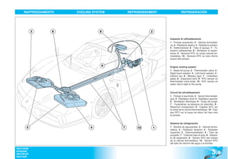 RAFFREDDAMENTO   COOLING SYSTEM       REFROIDISSEMENT               REFRIGERACIÓN




         3      6              8                    2

                                                            Impianto di raffreddamento
                                                            1 - Pompa acqua/olio; 2 - Valvola termostati-
                                                            ca; 3 - Radiatore destro; 4 - Radiatore sinistro;
                                                            5 - Elettroventola; 6 - Tubo di spurgo; 7 - Tu-
                                                            bazioni sottopianale; 8 - Serbatoio di espan-
                                                            sione; 9 - Sensore NTC su corpo valvole ter-
                                                            mostatica; 10 - Sensore NTC su tubo ritorno
                                                            acqua alla pompa.


                                9                           Engine cooling system
                                                            1 - Water/oil pump; 2 - Thermostatic valve; 3 -
                                                            Right-hand radiator; 4 - Left-hand radiator; 5 -
                                                            Electric fan; 6 - Bleeder pipe; 7 - Underfloor
                                                            pipes; 8 - Expansion tank; 9 - NTC sensor on
                                                            thermostatic valve body; 10 - NTC sensor on
                                                            water return pipe to the pump.


                                                            Circuit de refroidissement
                                                            1 - Pompe à eau/huile; 2 - Vanne thermostati-
                                                            que; 3 - Radiateur droit; 4 - Radiateur gauche;
                                                            5 - Ventilateur électrique; 6 - Tuyau de purge;
                                                            7 - Tuyauteries au-dessous du plancher; 8 -
                                                            Réservoir d’expansion; 9 - Capteur NTC sur
                                                            le corps de la vanne thermostatique; 10 - Cap-
                                                            teur NTC sur le tuyau de retour de l’eau vers
                                                            la pompe.


                                                            Sistema de refrigeración
     5                     4         7        10        1   1 - Bomba de agua/aceite; 2 - Válvula termo-
                                                            stática; 3 - Radiador derecho; 4 - Radiador
                                                            izquierdo; 5 - Electroventilador; 6 - Tubo de
                                                            purgado; 7 - Tuberías bajo el piso; 8 - Depósi-
                                                            to de expansión; 9 - Sensor NTC del cuerpo
                                                            de la válvula termostática; 10 - Sensor NTC
                                                            del tubo de retorno del agua a la bomba.



                                                                                                      3 .9
MOTORE
ENGINE
MOTEUR
MOTOR
 