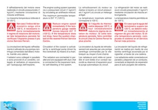 Il raffreddamento del motore viene        The engine cooling system operates       Le refroidissement du moteur se           La refrigeración del motor se reali-
  realizzato in circuito pressurizzato (1   via a pressurised circuit (1 kg/cm2)     réalise à travers un circuit pressuri-    za en circuito presurizado (1 kg/cm2)
  kg/cm2) mediante circolazione di          by circulating an antifreeze mixture.    sé (1 kg/cm2) où circule un mélange       mediante circulación de mezcla an-
  miscela antifreeze.                       The maximum permissible temper-          antigel.                                  ticongelante.
  La massima temperatura tollerata è        ature is 257 °F (125°C).                 La température maximale admise            La temperatura máxima permitida es
  di 125°C.                                                                          correspond à 125°C.                       de 125°C.
              Nel caso l’indice del ter-              Reduce engine speed                        Si l’aiguille du thermo-                 En caso que la aguja del
              mometro salga oltre                     immediately if the tem-                    mètre dépasse 125°C, il                  termómetro supere los
              125°C, è necessario ri-                 perature gauge needle                      faut immédiatement                       125°C, se deberá redu-
   ATTENZIONE
              durre immediatamente           WARNING!
                                                      moves beyond 257 °F             ATTENTION
                                                                                                 réduire le régime de ro-        ATENCIÓN
                                                                                                                                 ATENCI
                                                                                                                                          cir inmediatamente el
  il regime di rotazione del motore;        (125°C). If the temperature does         tation du moteur; Si cette tem-           régimen de giro del motor; Si di-
  se tale temperatura persiste far          not drop, have the system chec-          pérature persiste, faire contrôler        cha temperatura persiste, com-
  verificare l’impianto presso il più       ked at the nearest Ferrari Service       le circuit chez le Centre Ferrari le      pruebe el sistema en el Servicio
  vicino Servizio Ferrari.                  Centre.                                  plus proche.                              Ferrari más próximo.

  La circolazione del liquido raffredda-    Circulation of the coolant is activat-   La circulation du liquide de refroidis-   La circulación del líquido de refrige-
  mento è attivata da una pompa cen-        ed by a centrifugal pump driven by       sement est assurée par une pompe          ración se realiza por medio de una
  trifuga comandata dall’albero moto-       the crankshaft, by means of a chain.     centrifuge commandée par le vile-         bomba centrífuga accionada por el
  re, tramite una catena.                                                            brequin au moyen d’une chaîne.            cigüeñal, a través de una cadena.
  I radiatori sono collegati in parallelo   The radiators are connected in par-      Les radiateurs sont reliés en paral-      Los radiadores están conectados en
  e sono provvisti di un condotto, col-     allel and are equipped with duct, that   lèle et sont dotés d’un conduit rac-      paralelo y disponen de un conducto,
  legato al serbatoio di espansione,        is connected to the expansion tank,      cordé au réservoir d’expansion pour       conectado al depósito de expansión
  per l’autospurgo dell’impianto.           for self-bleeding of the system.         la purge automatique du circuit.          para el auto purgado del sistema.




3 .10
                                                                                                                                                         MOTORE
                                                                                                                                                          ENGINE
                                                                                                                                                         MOTEUR
                                                                                                                                                          MOTOR
 