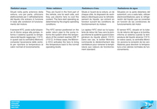 Radiatori acqua                         Water radiators                        Radiateurs d’eau                         Radiadores de agua
Situati nella parte anteriore della     They are found in the front part of    Situés à l’avant de la voiture, un de    Situados en la parte delantera del
vettura, uno per parte, utilizzano      the vehicle, one for each side, and    chaque côté, ils disposent de venti-     automóvil, uno a cada lado, utilizan
elettroventole per il raffreddamento    they use electric fans to cool the     lateurs électriques pour le refroidis-   electroventiladores para la refrige-
del liquido che entrano in funzione     coolant. The fans start operating as   sement du liquide, qui entrent en        ración del líquido que se conectan
in base alle condizioni di funziona-    determined by the engine operating     fonction suivant les conditions de       en función de las condiciones de
mento del motore.                       conditions.                            fonctionnement du moteur.                funcionamiento del motor.

Il sensore NTC, posto sulla tubazio-    The NTC sensor positioned on the       Le capteur NTC situé sur la tuyau-       El sensor NTC, situado en la tube-
ne di ritorno acqua alla pompa, in-     water return pipe to the pump in-      terie de retour de l’eau vers la pom-    ría de retorno del agua a la bomba,
forma il sistema quando la tempe-       forms the system when the temper-      pe informe le système quand la tem-      informa al sistema cuando la tem-
ratura del liquido raggiunge i 115°C;   ature of the coolant reaches 239 °F    pérature du liquide atteint 115°C;       peratura del liquido alcanza 115°C;
in questi casi la centralina Motronic   (115°C). In these cases, the Motron-   Dans ces cas, le boîtier Motronic        en estos casos, la centralita Motro-
comanda l’accensione delle vento-       ic ECU activates the fans to bring     commande le déclenchement des            nic acciona la conexión de los ven-
le per riportare la temperatura ai      the temperature back to the normal     ventilateurs pour ramener la tempé-      tiladores para devolver la tempera-
valori normali di funzionamento.        operating levels.                      rature aux valeurs de fonctionne-        tura a los valores normales de fun-
                                                                               ment standard.                           cionamiento.




                                                                                                                                                      3 .11
 MOTORE
 ENGINE
 MOTEUR
 MOTOR
 