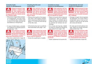 Controllo livello                            Checking the Oil Level                      Contrôle du niveau                       Comprobación del nivel
liquido di raffreddamento                    cooling fluid                               liquide de refroidissement               líquido de refrigeración
            Eseguire sempre l’ope-                       Only perform this pro-                     Cette opération est tou-                Realice siempre la ope-
            razione a motore fred-                       cedure with the engine                     jours à exécuter avec le                ración con el motor frío.
            do. Non togliere mai il                      cool. Never remove the                     moteur froid. Ne jamais                 No retire nunca el tapón
 ATTENZIONE
            tappo (A) dal serbatoio           WARNING!
                                                         cap (A) on the expan-            ATTENTION
                                                                                                    retirer le bouchon (A) du      ATENCIÓN
                                                                                                                                   ATENCI
                                                                                                                                            (A) del depósito de
di espansione con motore avvia-              sion tank when the engine is run-           réservoir d’expansion avec le mo-        expansión con el motor encendi-
to o motore caldo.                           ning or warm.                               teur en marche ou chaud.                 do o caliente.
• Rimuovere il tappo A dal serbato-          • Remove the cap A on the expan-            • Retirer le bouchon A du réservoir      • Extraiga el tapón A del depósito
   io di espansione, nel vano moto-            sion tank in the engine compart-            d’expansion, dans le comparti-           de expansión, en el vano motor y
   re, e verificare che il livello risulti     ment, and ensure that the level is          ment moteur, et contrôler que le         compruebe que el nivel se en-
   a circa 45 mm dalla sommità del             about 1,77 in (45 mm) from the top          niveau se situe à environ 45 mm          cuentra a unos 45 mm del borde
   bocchettone di riempimento.                 of the filler neck.                         du sommet de l’embout de rem-            de la boca de llenado.
                                                                                           plissage.
• In caso di livello basso, procede-         • If the level is low, top it up with the   • Si le niveau est trop bas, rétablir    • En caso que el nivel está por de-
   re al rabbocco con liquido prescrit-        fluid prescribed (see page 1.20).           le niveau en utilisant du liquide du      bajo, rellene con líquido recomen-
   to (vedi pag. 1.20).                                                                    type prescrit (voir page 1.20).           dado (véase pág.1.20).
            Se si rendono necessa-                     If you need to top up the                    Si plusieurs remises à                     Si fuera necesario relle-
            ri più rabbocchi dopo                      level several times after                    niveau s’avèrent néces-                    nar más veces con po-
            percorrenze limitate, far                  short trips, have the                        saires après de brefs                      sterioridad en recorri-
 ATTENZIONE
            verificare l’impianto             WARNING!
                                                       system checked by the
                                                                                          ATTENTION
                                                                                                    trajets, faire contrôler le
                                                                                                                                    ATENCIÓN
                                                                                                                                    ATENCI
                                                                                                                                               dos limitados, diríjase a
dalla Rete Assistenza Ferrari.               Ferarri Service Network.                    circuit par le Réseau d’Assistan-        la Red de Asistencia Ferrari para
• Riavvitare saldamente il tappo A.          • Screw the cap A back on tightly.          ce Ferrari                               la comprobación del sistema.
                                                                                         • Visser solidement le bouchon A.        • Apriete firmemente el tapón A.

                      A




                                                                                                                                                                 3 .13
 MOTORE
 ENGINE
 MOTEUR
 MOTOR
 