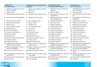 Componenti                                 Components in the engine com-            Composants dans                         Componentes
  nel vano motore                            partment                                 le compartiment moteur                  en el vano motor
  1    Centralina elettronica di accen-      1    Ignition and injection electronic   1    Boîtier électronique d’allumage-   1    Centralita electrónica de encen-
       sione e iniezione;                         control unit;                            injection;                              dido e inyección;
  2    Scatola fusibili;                     2    Fuse box;                           2    Boîte à fusibles;                  2    Caja de fusibles;
  3    Elettrovalvola by-pass di scarico;    3    Exhaust by-pass solenoid valve;     3    Electrovanne by-pass de dé-        3    Electroválvula by-pass de esca-
                                                                                           chappement;                             pe;
  4    Centralina controllo catalizzatori;   4    Catalytic converter ECU;            4    Boîtier de commande convertis-     4    Centralita de control de los ca-
                                                                                           seurs catalytiques;                     talizadores;
  5  Sonda lambda posteriore;                5  Rear Lambda sensor;                   5    Sonde lambda arrière;              5    Sonda lambda trasera;
  6  Misuratore portata aria;                6  Air-flow meter;                       6    Débitmètre d’air;                  6    Medidor de caudal de aire;
  7  Bobine cilindri;                        7  Cylinder coils;                       7    Bobines cylindres;                 7    Bobinas de los cilindros;
  8  Sonda lambda anteriore;                 8  Front Lambda sensor;                  8    Sonde lambda avant;                8    Sonda lambda delantera;
  9  Pompa benzina;                          9  Fuel pump;                            9    Pompe à essence;                   9    Bomba de gasolina;
  10 Flauto portainiettori;                  10 Injector rail;                        10   Tube porte-injecteurs;             10   Tubo portainyectores;
  11 Sensore di detonazione;                 11 Detonation sensor;                    11   Capteur de détonation;             11   Sensor de detonación;
  12 Sensore di fase;                        12 Timing sensor;                        12   Capteur de phase;                  12   Sensor de fase;
  13 Sensore di giri                         13 Revolution sensor;                    13   Capteur de tours                   13   Sensor de revoluciones
  14 Sensore pressione olio motore;          14 Engine oil pressure sensor;           14   Capteur pression d’huile moteur;   14   Sensor presión aceite motor;
  15 Variatore di fase;                      15 Timing variator;                      15   Variateur de phase;                15   Variador de fase;
  16 Farfalla motorizzata;                   16 Motor-driven throttle;                16   Papillon motorisé;                 16   Mariposa motorizada;
  17 Elettrovalvola compensazione            17 Intake manifold compensation          17   Electrovanne de compensation       17   Electroválvula de compensación
     collettore di aspirazione;                 solenoid valve;                            collecteur d’admission;                 del colector de admisión;
  18 Sensore temperatura acqua su            18 Water temperature sensor on           18   Capteur température d’eau sur      18   Sensor de temperatura del agua
     valvola termostatica;                      thermostatic valve;                        vanne thermostatique;                   en la válvula termostática;
  19 Sensore temperatura acqua;              19 Water temperature sensor;             19   Capteur température d’eau;         19   Sensor de temperatura del
                                                                                                                                   agua;
  20 Pompa diagnosi impianto antie-          20 Anti-evaporation system diag-         20 Pompe de diagnostic dispositif       20   Bomba de diagnosis del siste-
     vaporazione;                               nosis pump;                              antiévaporation;                          ma antievaporación;
  21 Elettrovalvola antievaporazione;        21 Anti-evaporation solenoid valve;      21 Electrovanne antiévaporation;        21   Electroválvula antievaporación;
  22 Termocoppia.                            22 Thermocouple;                         22 Thermocouple.                        22   Termopar.



3 .16
                                                                                                                                                       MOTORE
                                                                                                                                                        ENGINE
                                                                                                                                                       MOTEUR
                                                                                                                                                        MOTOR
 