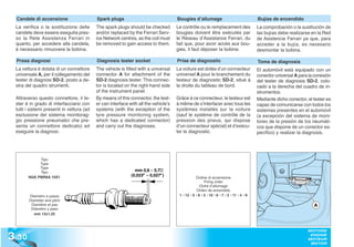 Candele di accensione                     Spark plugs                               Bougies d’allumage                                  Bujías de encendido
  La verifica o la sostituzione delle       The spark plugs should be checked         Le contrôle ou le remplacement des                  La comprobación o la sustitución de
  candele deve essere eseguita pres-        and/or replaced by the Ferrari Serv-      bougies doivent être exécutés par                   las bujías debe realizarse en la Red
  so la Rete Assistenza Ferrari in          ice Network centres, as the coil must     le Réseau d’Assistance Ferrari, du                  de Asistencia Ferrari ya que, para
  quanto, per accedere alla candela,        be removed to gain access to them.        fait que, pour avoir accès aux bou-                 acceder a la bujía, es necesario
  è necessario rimuovere la bobina.                                                   gies, il faut déposer la bobine.                    desmontar la bobina.

  Presa diagnosi                            Diagnosis tester socket                   Prise de diagnostic                                 Toma de diagnosis
  La vettura è dotata di un connettore      The vehicle is fitted with a universal    La voiture est dotée d’un connecteur                El automóvil está equipado con un
  universale A, per il collegamento del     connector A for attachment of the         universel A pour le branchement du                  conector universal A para la conexión
  tester di diagnosi SD-2, posto a de-      SD-2 diagnosis tester. This connec-       testeur de diagnostic SD-2, situé à                 del tester de diagnosis SD-2, colo-
  stra del quadro strumenti.                tor is located on the right-hand side     la droite du tableau de bord.                       cado a la derecha del cuadro de in-
                                            of the instrument panel.                                                                      strumentos.
  Attraverso questo connettore, il te-      By means of this connector, the test-     Grâce à ce connecteur, le testeur est               Mediante dicho conector, el tester es
  ster è in grado di interfacciarsi con     er can interface with all the vehicle’s   à même de s’interfacer avec tous les                capaz de comunicarse con todos los
  tutti i sistemi presenti in vettura (ad   systems (with the exception of the        systèmes installés sur la voiture                   sistemas presentes en el automóvil
  esclusione del sistema monitorag-         tyre pressure monitoring system,          (sauf le système de contrôle de la                  (a excepción del sistema de moni-
  gio pressione pneumatici che pre-         which has a dedicated connector)          pression des pneus, qui dispose                     toreo de la presión de los neumáti-
  senta un connettore dedicato) ed          and carry out the diagnoses.              d’un connecteur spécial) et d’exécu-                cos que dispone de un conector es-
  eseguire la diagnosi.                                                               ter le diagnostic.                                  pecífico) y realizar la diagnosis.




             Tipo
             Type
             Type
             Tipo                                               mm 0,6 ÷ 0,7
        NGK PMR8A 10X1                                        (0,023 – 0,027)
                                                                                                  Ordine di accensione
                                                                                                        Firing order
                                                                                                     Ordre d’allumage
                                                                                                   Orden de encendido
        Diametro e passo                                                               1 • 12 • 5 • 8 • 3 • 10 • 6 • 7 • 2 • 11 • 4 • 9
        Diameter and pitch
         Diamètre et pas                                                                                                                                              A
         Diámetro y paso
           mm 12x1,25




3 .30
                                                                                                                                                                   MOTORE
                                                                                                                                                                    ENGINE
                                                                                                                                                                   MOTEUR
                                                                                                                                                                    MOTOR
 