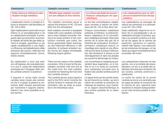 Catalizzatori                              Catalytic converters                     Convertisseurs catalytiques              Catalizadores

 Sulla vettura si utilizzano cata-          Metallic-type catalytic convert-         La voiture est dotée de conver-          Los catalizadores que se utili-
 lizzatori di tipo metallico.               ers are utilised on this vehicle.        tisseurs catalytiques de type            zan en el automóvil son de tipo
                                                                                     métallique.                              metálico.
I catalizzatori hanno il compito di ri-    The catalytic converters serve to        Le but des convertisseurs catalyti-      Los catalizadores se encargan de
durre le emissioni nell’atmosfera di       reduce the emission of HC, CO and        ques consiste à réduire les émis-        reducir las emisiones a Ia atmósfe-
HC, CO e NOx.                              NOx into the atmosphere.                 sions de HC, CO et Nox dans l’air.       ra de HC, CO y NOx.
Ogni catalizzatore è provvisto al suo      Each catalytic converter is equipped     Chaque convertisseur catalytique         Cada catalizador dispone en su in-
interno di un precatalizzatore e da        inside with a pre-catalytic converter    présente, à l’intérieur, un préconver-   terior de un precatalizador y de un
un catalizzatore principale. Il primo,     and a main catalytic converter. Ow-      tisseur catalytique et un convertis-     catalizador principal. El primero, gra-
grazie alla sua posizione ravvicina-       ing to its closer position to the com-   seur catalytique principal. Etant plus   cias a su posición próxima a la sali-
ta rispetto all’uscita dei gas dalla ca-   bustion chamber gas outlet, the          proche de la sortie des gaz de la        da de los gases de la cámara de
mera di scoppio, garantisce un più         former guarantees faster warming-        chambre de combustion, le précon-        explosión, garantiza un calenta-
rapido riscaldamento e una miglio-         up and improved efficiency in the        vertisseur catalytique assure un         miento más rápido y una reducción
re efficienza nell’abbattimento delle      reduction of exhaust emission lev-       chauffage plus rapide et une effica-     de las emisiones de escape, en las
emissioni allo scarico, nelle fasi che     els during the stages immediately        cité accrue dans la phase d’élimina-     fases que siguen inmediatamente al
seguono immediatamente l’avvia-            following engine ignition.               tion des émissions à travers le pot      encendido del motor.
mento motore.                                                                       d’échappement et dans les phases
                                                                                    qui suivent le démarrage du moteur.
Sui catalizzatori vi sono due sedi,        There are two seats on the catalytic     Les convertisseurs catalytiques pré-     Los catalizadores disponen de dos
una all’ingresso del precatalizzato-       converters. One is found at the pre-     sentent deux logements, un à l’en-       puntos, uno a la entrada del preca-
re e una in uscita dal catalizzatore       catalytic converter inlet and one at     trée et un à la sortie du convertis-     talizador y el otro a la salida del ca-
principale per il fissaggio delle son-     the outlet from the main catalytic       seur catalytique principal pour la       talizador principal para la fijación de
de Lambda anteriori e posteriori.          converter for fastening the front and    fixation des sondes lambda avant et      las sondas Lambda anteriores y
                                           rear Lambda sensors.                     arrière.                                 posteriores.
Il segnale in uscita dalle sonda           The Lambda sensor output signal is       Le signal émis par les sondes lamb-      La señal de salida de la sonda
Lambda viene inviato alla centrali-        sent to the ECU which controls the       da est transmis au boîtier, qui est à    Lambda se envía a la centralita que
na che è in grado di pilotare la cor-      air/fuel mixture to maintain the stoi-   même de contrôler la correction du       es capaz de pilotar la corrección de
rezione della miscela aria-benzina         chiometric ratio as close as possi-      mélange air-essence, pour mainte-        la mezcla de aire -gasolina para
per mantenere il rapporto stechio-         ble to the theoretical value.            nir le rapport stoechiométrique le       mantener la relación estequiométri-
metrico il più vicino possibile al va-                                              plus proche possible de la valeur        ca los más cercana posible al valor
lore teorico.                                                                       théorique.                               teórico.




                                                                                                                                                             3 .33
 MOTORE
 ENGINE
 MOTEUR
 MOTOR
 