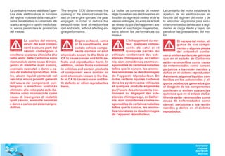 La centralina motore stabilisce l’aper-   The engine ECU determines the          Le boîtier de commande du moteur          La centralita del motor establece la
  tura delle elettrovalvole in funzione     opening of the solenoid valves ba-     règle l’ouverture des électrovannes en    apertura de las electrovávulas en
  del regime motore e della marcia in-      sed on the engine rpm and the gear     fonction du régime du moteur et de la     función del régimen del motor y de
  serita per abbattere la rumorosità allo   engaged, in order to reduce the        vitesse embrayée, pour réduire le bruit   la velocidad engranada para redu-
  scarico ai regimi e carichi medio bas-    exhaust noise level at medium-low      au niveau du pot d’échappement aux        cirla rumorosidad del escape a regí-
  si, senza penalizzare le prestazioni      rpm and loads, without affecting en-   régimes et aux charges moyens-bas,        menes de carga medio y bajos, sin
  del motore.                               gine performance.                      sans altérer les performances du          penalizar las prestaciones del mo-
                                                                                   moteur.                                   tor.
              Lo scarico del motore,                  Engine exhaust, some                     L’échappement du mo-                     El escape del motor, al-
              alcuni dei suoi compo-                  of its constituents, and                 teur, quelques compo-                    gunos de sus compo-
              nenti e alcune parti del                certain vehicle compo-                   sants de celui-ci et                     nentes y algunas piezas
   ATTENZIONE
              veicolo contengono o           WARNING!
                                                      nents contain or emit
                                                                                     ATTENTION
                                                                                               quelques parties du             ATENCIÓN
                                                                                                                               ATENCI
                                                                                                                                        del automóvil contie-
  emettono sostanze chimiche che            chemicals known to the State of        véhicule contiennent des sub-             nen o emiten sustancias químicas
  nello stato della California sono         CA to cause cancer and birth de-       stances chimiques qui, en Califor-        que en el estado de California
  riconosciute come causa di insor-         fects and reproductive harm. In        nie, sont considérées comme re-           están reconocidas como causa
  genza di malattie quali cancro,           addition, certain fluids contained     sponsables de certaines maladies          de enfermedades como cáncer,
  anomalie neonatali e danni a ca-          in vehicles and certain products       telles que le cancer, les anoma-          perjuicios a los recién nacidos y
  rico del sistema riproduttivo. Inol-      of component wear contain or           lies néonatales ou des dommages           daños en el sistema reproductor.
  tre, alcuni liquidi contenuti nei         emit chemicals known to the Sta-       de l’appareil réproducteur. En            Asimismo, algunos líquidos con-
  veicoli e alcuni prodotti generati        te of CA to cause cancer and bir-      outre, certains liquides contenus         tenidos en los automóviles y al-
  dall’usura dei componenti con-            th defects or other reproductive       dans les systèmes des véhicules           gunos productos generados por
  tengono o emettono sostanze               harm.                                  et quelques produits engendrés            el desgaste de los componentes
  chimiche che nello stato della Ca-                                               par l’usure des composants con-           contienen o emiten sustancias
  lifornia sono riconosciute come                                                  tiennent ou dégagent des sub-             químicas que en el estado de Ca-
  causa di insorgenza di malattie                                                  stances chimiques qui, en Califor-        lifornia están reconocidas como
  quali cancro, anomalie neonatali                                                 nie, sont considérées comme re-           causa de enfermedades como
  e danni a carico del sistema ripro-                                              sponsables de certaines maladies          cáncer, perjuicios a los recién
  duttivo.                                                                         telles que le cancer, les anoma-          nacidos y daños en el sistema
                                                                                   lies néonatales ou des dommages           reproductor.
                                                                                   de l’appareil réproducteur.




3 .36
                                                                                                                                                     MOTORE
                                                                                                                                                      ENGINE
                                                                                                                                                     MOTEUR
                                                                                                                                                      MOTOR
 