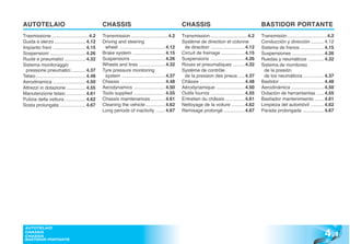 AUTOTELAIO                                           CHASSIS                                           CHASSIS                                           BASTIDOR PORTANTE
Trasmissione ............................ 4.2        Transmission ............................ 4.2     Transmission ............................ 4.2     Transmisión .............................. 4.2
Guida e sterzo ........................ 4.12         Driving and steering                              Système de direction et colonne                   Conducción y dirección .......... 4.12
Impianto freni ......................... 4.15         wheel ................................... 4.12    de direction ..........................4.12      Sistema de frenos .................. 4.15
Sospensioni ........................... 4.26         Brake system ......................... 4.15       Circuit de freinage .................. 4.15       Suspensiones ........................ 4.26
Ruote e pneumatici ................ 4.32             Suspensions ..........................4.26        Suspensions ..........................4.26        Ruedas y neumáticos ............ 4.32
Sistema monitoraggio                                 Wheels and tires ....................4.32         Roues et pneumatiques ......... 4.32              Sistema de monitoreo
 pressione pneumatici ........... 4.37               Tyre pressure monitoring                          Système de contrôle                                de la presión
Telaio ...................................... 4.48    system .................................4.37      de la pression des pneus ..... 4.37               de los neumáticos ................ 4.37
Aerodinamica ......................... 4.50          Chassis ..................................4.48    Châssis .................................. 4.48   Bastidor .................................. 4.48
Attrezzi in dotazione ............... 4.55           Aerodynamics ........................4.50         Aérodynamique ...................... 4.50         Aerodinámica ......................... 4.50
Manutenzione telaio ............... 4.61             Tools supplied ........................4.55       Outils fournis ..........................4.55     Dotación de herramientas ...... 4.55
Pulizia della vettura ................ 4.62          Chassis maintenances ........... 4.61             Entretien du châssis ............... 4.61         Bastiador mantenimiento ....... 4.61
Sosta prolungata .................... 4.67           Cleaning the vehicle ...............4.62          Nettoyage de la voiture .......... 4.62           Limpieza del automóvil .......... 4.62
                                                     Long periods of inactivity ....... 4.67           Remisage prolongé ................ 4.67           Parada prolongada ................ 4.67




                                                                                                                                                                                                  4 .1
 AUTOTELAIO
 CHASSIS
 CHASSIS
 BASTIDOR PORTANTE
 