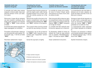 Controllo livello olio                    Checking the oil level                       Contrôle niveau d’huile                 Comprobación del nivel
  impianto idroguida                        in the hydraulic steering                    système de direction assistée           de aceite del sistema
                                            system                                                                               de dirección asistida
  Il controllo del livello deve essere      The level check must be carried out          Le contrôle du niveau est à exécu-      La comprobación del nivel debe re-
  eseguito a motore caldo, dopo aver        with the engine warm, after having           ter avec le moteur chaud, après         alizarse con el motor caliente, de-
  percorso almeno 15 Km, con vettu-         travelled at least 10 mi (15 Km), and        avoir parcouru au moins 15 km, avec     spués de haber recorrido 15 km. en
  ra in piano.                              with the vehicle parked on a flat            la voiture en plan.                     llano por lo menos.
                                            ground.
  Rimuovere il tappo A dal serbatoio        Remove the cap A on the tank in the          Oter le bouchon A du réservoir dans     Extraiga el tapón A del depósito en
  nel vano motore e verificare che il       engine compartment and ensure                le compartiment moteur et contrôler     el vano motor y compruebe que el
  livello risulti compreso tra le tacche    that the level lies between the “MIN”        que le niveau est compris entre les     nivel se encuentre comprendido
  di “MIN” e “MAX” incise sull’asta         and “MAX” notches on the dipstick.           repères “MIN” et “MAX” marquées         entre las marcas “MIN” y “MAX”
  di livello.                                                                            sur la tige de niveau.                  grabadas en la varilla de nivel.
  Il controllo deve essere eseguito con     The oil level check must be carried          Le contrôle doit être exécuté avec      La comprobación debe realizarse
  tappo appoggiato sul serbatoio.           out with the cap resting on the tank.        le bouchon appuyé sur le réservoir.     con el tapón apoyado en el depósi-
                                                                                                                                 to.
  Procedere all’eventuale rabbocco          If necessary, top up the oil level to        Si nécessaire, rétablir le niveau en    Proceda si es necesario a rellenar
  con olio prescritto (vedi capitolo “Ri-   the “MAX” notch, using the oil pre-          utilisant de l’huile du type prescrit   con el aceite indicado (véase capítu-
  fornimenti” pag. 1.19) fino al livello    scribed (see “Capacities” section            (voir le chapitre “Ravitaillements”     lo “Abastecimientos” pag. 1.19) ha-
  “MAX”.                                    page 1.19).                                  page 1.19) jusqu’au repère “MAX”.       sta el nivel “MAX”.

  Riavvitare saldamente il tappo.           Screw the cap back on tightly.               Visser solidement le bouchon.           Apriete firmemente el tapón.


              A




                                            A Tappo serbatoio idroguida

                                            A Hydraulic steering tank cap

                                            A Bouchon réservoir de direction assistée

                                            A Tapón del depósito de dirección asistida


4 .14
                                                                                                                                                    AUTOTELAIO
                                                                                                                                                       CHASSIS
                                                                                                                                                       CHASSIS
                                                                                                                                             BASTIDOR PORTANTE
 