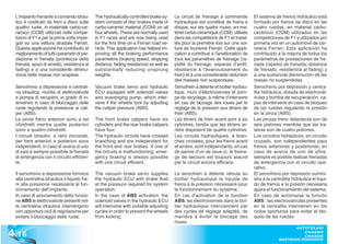 L’impianto frenante a comando idrau-         The hydraulically-controlled brake sy-     Le circuit de freinage à commande         El sistema de frenos hidráulico está
  lico è costituito da freni a disco sulle     stem consists of disc brakes made of       hydraulique est constitué de freins à     formado por frenos de disco en las
  quattro ruote, in materiale carbo-ce-        carbo-ceramic material (CCM) on all        disque, sur les quatre roues, en ma-      cuatro ruedas, en material carbo-
  ramico (CCM) utilizzati nelle compe-         four wheels. These are normally used       tériel carbo-céramique (CCM), utilisés    cerámico (CCM) utilizados en las
  tizioni di F1 e per la prima volta impie-    in F1 races and are now being used         dans les compétitions de F1 et instal-    competiciones de F1 y utilizados por
  gati su una vettura stradale Ferrari.        for the first time on a Ferrari road ve-   lés pour la première fois sur une voi-    primera vez en un automóvil de car-
  Questa applicazione ha contribuito al        hicle. This application has helped im-     ture de tourisme Ferrari. Cette appli-    retera Ferrari. Esta aplicación ha
  miglioramento di tutti i parametri di pre-   proving all the braking performance        cation a contribué à l’amélioration de    contribuido a la mejora de todos los
  stazione in frenata (prontezza della         parameters (braking speed, stopping        tous les paramètres de freinage (ra-      parámetros de prestaciones de fre-
  frenata, spazi di arresto, resistenza al     distance, fading resistance) as well as    pidité du freinage, espaces d’arrêt,      nada (rapidez de frenada, distancia
  fading) e a una consistente diminu-          substantially reducing unsprung            résistance à l’évanouissement du          de frenado, resistencia al fading) y
  zione delle masse non sospese.               weights.                                   frein) et à une considérable réduction    a una sustancial disminución de las
                                                                                          des masses non suspendues.                masas no suspendidas.
  Servofreno a depressione e centrali-         Vacuum brake servo and hydraulic           Servofrein à détente et boîtier hydrau-   Servofreno por depresión y centra-
  na idraulica, munita di elettrovalvole       ECU equipped with solenoid valves          lique, muni d’électrovannes et pom-       lita hidráulica, dotada de electrovál-
  e pompa di recupero, in grado di in-         and scavenging pump, which inter-          pe de recyclage, à même d’intervenir      vulas y bomba de recuperación, ca-
  tervenire in caso di bloccaggio delle        vene if the wheels lock by adjusting       en cas de blocage des roues par le        paz de intervenir en caso de bloqueo
  ruote regolando la pressione ai cali-        the caliper pressure (ABS).                réglage de la pression aux étriers de     de las ruedas regulando la presión
  per (ABS).                                                                              frein (ABS).                              en la pinza (ABS).
  Le pinze freno anteriori sono a sei          The front brake calipers have six          Les étriers de frein avant sont à six     Las pinzas freno delanteras son de
  cilindretti mentre quelle posteriori         cylinders and the rear brake calipers      cylindres, tandis que les étriers ar-     seis pistones mientras que las tra-
  sono a quattro cilindretti.                  have four.                                 rière disposent de quatre cylindres.      seras son de cuatro pistones.
  I circuiti idraulici, a rami incrociati,     The hydraulic circuits have crossed        Les circuits hydrauliques, à bran-        Los circuitos hidráulicos, en circuito
  per freni anteriori e posteriori sono        branching and are independent for          ches croisées, pour les freins avant      cruzado, son independientes para
  indipendenti; in caso di avaria di uno       the front and rear brakes. If one of       et arrière, sont indépendants; en cas     frenos anteriores y posteriores; en
  di essi è sempre possibile la frenata        the circuits is malfunctioning, emer-      de panne d’un de ceux-ci, le freina-      caso de avería de uno de ellos,
  di emergenza con il circuito efficien-       gency braking is always possible           ge de secours est toujours assuré         siempre es posible realizar frenadas
  te.                                          with one circuit efficient.                par le circuit encore efficace.           de emergencia con el circuito ope-
                                                                                                                                    rativo.
  Il servofreno a depressione fornisce         The vacuum brake servo supplies            Le servofrein à détente refoule au        El servofreno por depresión sumini-
  alla centralina idraulica il liquido fre-    the hydraulic ECU with brake fluid         boîtier hydraulique le liquide de         stra a la centralita hidráulica el líqui-
  ni alla pressione necessaria al fun-         at the pressure required for system        freins à la pression nécessaire pour      do de frenos a la presión necesaria
  zionamento dell’impianto.                    operation.                                 le fonctionnement du système.             apara el funcionamiento del sistema.
  In caso di azionamento della funzio-         In the case of ABS activation, the         En cas d’activation de la fonction        En caso de accionarse la función
  ne ABS le elettrovalvole presenti nel-       solenoid valves in the hydraulic ECU       ABS, les électrovannes dans le boî-       ABS , las electroválvulas presentes
  la centralina idraulica intervengono         will intervene with suitable adjusting     tier hydraulique interviennent par        en la centralita intervienen en los
  con opportuni cicli di regolazione per       cycles in order to prevent the wheels      des cycles de réglage adaptés, de         ciclos oportunos para evitar el blo-
  evitare il bloccaggio delle ruote.           from locking.                              manière à éviter le blocage des           queo de las ruedas.
                                                                                          roues.

4 .16
                                                                                                                                                        AUTOTELAIO
                                                                                                                                                           CHASSIS
                                                                                                                                                           CHASSIS
                                                                                                                                                 BASTIDOR PORTANTE
 