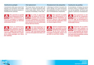Sostituzione pastiglie                  Pad replacement                        Remplacement des plaquettes            Sustitución de pastillas
  L’accensione della spia avaria freni    The brake failure warning light will   L’allumage du témoin de panne de       Al encenderse, el testigo de avería
  segnala una eccessiva usura delle       switch on to signal excessive wear     freins signale une usure excessive     de frenos indica un desgaste exce-
  pastiglie freni che devono essere im-   of the brake pads, which must be       des plaquettes de frein, qui doivent   sivo de las pastillas de frenos que
  mediatamente sostituite.                replaced immediately in that case.     être immédiatement remplacées.         deberán sustituirse inmediatamen-
                                                                                                                        te.
              Per garantire la qualità              In order to guarantee                   Pour garantir la qualité               Para garantizar la cali-
              dei componenti e la per-              the quality of the com-                 des composants et la                   dad de los componen-
              fetta installazione, si               ponents and accurate                    parfaite installation de               tes y un perfecto mon-
   ATTENZIONE
              consiglia di eseguire        WARNING!
                                                    installation, it is recom-    ATTENTION
                                                                                            ceux-ci, il est conseillé    ATENCIÓN
                                                                                                                         ATENCI
                                                                                                                                   taje, se recomienda re-
  l’operazione presso un Servizio         mended that you have the proce-        de faire exécuter l’opération chez     alizar la operación en un Servicio
  Autorizzato Ferrari.                    dure carried out at an Authorised      un Centre Agréé Ferrari.               Autorizado Ferrari.
                                          Ferrari Service Centre.

             Dopo la sostituzione,                   For best breaking-in of                Après le remplacement,                Después de la sustitu-
             per ottenere un buon                    the pads following re-                 pour permettre un bon                 ción, para obtener un
             assestamento delle pa-                  placement, avoid sud-                  tassement des plaquet-                buen acoplamiento de
  ATTENZIONE
             stiglie freni evitare fre-
                                           WARNING!
                                                     den and sharp braking
                                                                                  ATTENTION
                                                                                            tes de frein, éviter les     ATENCIÓN
                                                                                                                         ATENCI
                                                                                                                                  las pastillas de frenos,
  nate troppo violente fino a quan-       until the new pads have duly run-      freinages brusques jusqu’à ce          evite frenadas demasiado violen-
  do le nuove pastiglie non siano         in.                                    qu’elles ne sont bien rodées.          tas hasta que las pastillas nuevas
  ben adattate.                                                                                                         se hayan adaptado.




4 .18
                                                                                                                                          AUTOTELAIO
                                                                                                                                             CHASSIS
                                                                                                                                             CHASSIS
                                                                                                                                   BASTIDOR PORTANTE
 