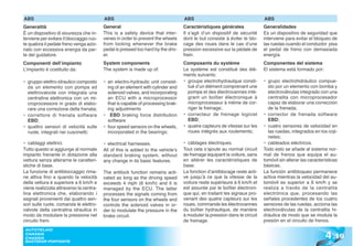 ABS                                       ABS                                      ABS                                     ABS
Generalità                                General                                  Caractéristiques générales              Generalidades
È un dispositivo di sicurezza che in-     This is a safety device that inter-      Il s’agit d’un dispositif de sécurité   Es un dispositivo de seguridad que
terviene per evitare il bloccaggio ruo-   venes in order to prevent the wheels     dont le but consiste à éviter le blo-   interviene para evitar el bloqueo de
te qualora il pedale freno venga azio-    from locking whenever the brake          cage des roues dans le cas d’une        las ruedas cuando el conductor pisa
nato con eccessiva energia da par-        pedal is pressed too hard by the driv-   pression excessive sur la pédale de     el pedal de freno con demasiada
te del guidatore.                         er.                                      frein.                                  energía.
Componenti dell’impianto                  System components                        Composants du système                   Componentes del sistema
L’impianto è costituito da:               The system is made up of:                Le système est constitué des élé-       El sistema está formado por:
                                                                                   ments suivants:
• gruppo elettro-idraulico composto       • an electro-hydraulic unit consist-     • groupe electrohydraulque consti-      • grupo electrohidráulico compue-
  da un elemento con pompa ed               ing of an element with cylinder and      tué d’un élément comprenant une         sto por un elemento con bomba y
  elettrovalvole con integrata una          solenoid valves, and incorporating       pompe et des électrovannes inté-        electroválvulas integrado con una
  centralina elettronica con un mi-         an ECU with a microprocessor             grant un boîtier électronique à         centralita con microprocesador
  croprocessore in grado di elabo-          that is capable of processing brak-      microprocesseur à même de cor-          capaz de elaborar una corrección
  rare una correzione della frenata;        ing adjustments                          riger le freinage;                      de la frenada;
• correttore di frenata software          • EBD braking force distribution         • correcteur de freinage logiciel       • corrector de frenada software
  EBD;                                      software                                 EBD;                                    EBD;
• quattro sensori di velocità sulle       • four speed sensors on the wheels,      • quatre capteurs de vitesse sur les    • cuatro sensores de velocidad en
  ruote, integrati nei cuscinetti;          incorporated in the bearings;            roues intégrés aux roulements;          las ruedas, integrados en los coji-
                                                                                                                             netes;
• cablaggi elettrici.                     • electrical harnesses.                  • câblages électriques.                 • cableados eléctricos.
Tutto questo si aggiunge al normale       All of this is added to the vehicle’s    Tout cela s’ajoute au normal circuit    Todo esto se añade al sistema nor-
impianto frenante in dotazione alla       standard braking system, without         de freinage équipant la voiture, sans   mal de frenos que equipa el au-
vettura senza alterarne le caratteri-     any change in its basic features.        en altérer les caractéristiques de      tomóvil sin alterar las características
stiche di base.                                                                    base.                                   básicas.
La funzione di antibloccaggio rima-       The antilock function remains acti-      La fonction d’antiblocage reste acti-   La función antibloqueo permanece
ne attiva fino a quando la velocità       vated as long as the driving speed       ve jusqu’à ce que la vitesse de la      activa mientras la velocidad del au-
della vettura è superiore a 6 km/h e      exceeds 4 mph (6 km/h) and it is         voiture reste supérieure à 6 km/h et    tomóvil es superior a 6 km/h y se
viene realizzata attraverso la centra-    managed by the ECU. The latter           est assurée par le boîtier électroni-   realiza a través de la centralita
lina elettronica che, elaborando i        processes the signals coming from        que qui, en traitant les signaux pro-   electrónica que, procesando las
segnali provenienti dai quattro sen-      the four sensors on the wheels and       venant des quatre capteurs sur les      señales procedentes de los cuatro
sori sulle ruote, comanda le elettro-     controls the solenoid valves in or-      roues, commande les électrovannes       sensores de las ruedas, acciona las
valvole della centralina idraulica in     der to modulate the pressure in the      du boîtier hydraulique, de manière      electroválvulas de la centralita hi-
modo da modulare la pressione nel         brake circuit.                           à moduler la pression dans le circuit   dráulica de modo que se modula la
circuito freni.                                                                    de freinage.                            presión en el circuito de frenos.


                                                                                                                                                           4 .19
 AUTOTELAIO
 CHASSIS
 CHASSIS
 BASTIDOR PORTANTE
 