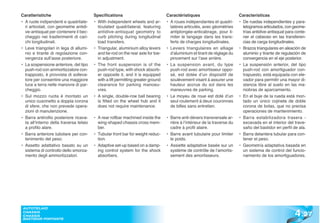 Caratteristiche                          Specifications                            Caractéristiques                          Características
• A ruote indipendenti e quadrilate-     • With independent wheels and ar-         • A roues indépendantes et quadri-        • De ruedas independientes y para-
  ri articolati, con geometrie antidi-     ticulated quadrilateral, featuring        latères articulés, avec géométries        lelogramos articulados, con geome-
  ve-antisquat per contenere il bec-       antidive-antisquat geometry to            antiplongée-anticabrage, pour li-         trías antidive-antisquat para conte-
  cheggio nei trasferimenti di cari-       curb pitching during longitudinal         miter le tangage dans les trans-          ner el cabeceo en las transferen-
  chi longitudinali.                       load transfers.                           ferts de charges longitudinales.          cias de carga longitudinales.
• Leve triangolari in lega di allumi-    • Triangular, aluminium alloy levers      • Leviers triangulaires en alliage        • Brazos triangulares en aleación de
  nio e tirante di regolazione con-        and tie-rod on the rear axle for toe-     d’aluminium et tirant de réglage du       aluminio y tirante de regulación de
  vergenza sull’asse posteriore.           in adjustment.                            pincement sur l’axe arrière.              convergencia en el eje posterior.
• La sospensione anteriore, del tipo     • The front suspension is of the          • La suspension avant, du type            • La suspensión anterior, del tipo
  push-rod con ammortizzatore con-         push-rod type, with shock absorb-         push-rod avec amortisseur oppo-           push-rod con amortiguador con-
  trapposto, è provvista di solleva-       er opposite it, and it is equipped        sé, est dotée d’un dispositif de          trapuesto, está equipada con ele-
  tore per consentire una maggiore         with a lift permitting greater ground     soulèvement visant à assurer une          vador para permitir una mayor di-
  luce a terra nelle manovre di par-       clearance for parking manoeu-             hauteur accrue du sol dans les            stancia libre al suelo en las ma-
  cheggio.                                 vres.                                     maneuvres de parking.                     niobras de aparcamiento.
• Sul mozzo ruota è montato un           • A single, double-row ball bearing       • Le moyeu de roue est doté d’un          • En el buje de la rueda está mon-
  unico cuscinetto a doppia corona         is fitted on the wheel hub and it         seul roulement à deux couronnes           tado un único cojinete de doble
  di sfere, che non prevede opera-         does not require maintenance.             de billes sans entretien.                 corona de bolas, que no precisa
  zioni di manutenzione.                                                                                                       operaciones de mantenimiento.
• Barra antirollio posteriore ricava-    • A rear rollbar machined inside the      • Barre anti-dévers transversale ar-      • Barra estabilizadora trasera -
  ta all’interno della traversa telaio     wing-shaped chassis cross mem-            rière à l’intérieur de la traverse du     excavada en el interior del trave-
  a profilo alare.                         ber.                                      cadre à profil alaire.                    saño del bastidor en perfil de ala.
• Barra anteriore tubolare per con-      • Tubular front bar for weight reduc-     • Barre avant tubulaire pour limiter      • Barra delantera tubular para con-
  tenimento del peso.                      tion.                                     le poids.                                 tener el peso.
• Assetto adattativo basato su un        • Adaptive set-up based on a damp-        • Assiette adaptative basée sur un        • Geometría adaptativa basada en
  sistema di controllo dello smorza-       ing control system for the shock          système de contrôle de l’amortis-         un sistema de control del funcio-
  mento degli ammortizzatori.              absorbers.                                sement des amortisseurs.                  namiento de los amortiguadores.




                                                                                                                                                            4 .27
 AUTOTELAIO
 CHASSIS
 CHASSIS
 BASTIDOR PORTANTE
 