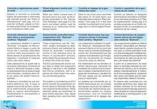 Controllo e registrazione asset-         Wheel alignment control and              Contrôle et réglage de la géo-           Control y regulación de la geo-
  to ruote                                 adjustment                               métrie des roues                         metría de las ruedas
  Quando si riscontra un anormale          When you notice unusual wear of          Dans le cas d’une usure anormale         Cuando se detecta un desgaste
  logorio dei pneumatici e comunque        the tyres and in any case, at the in-    des pneus et, de toute façon, aux        anormal de los neumáticos y también
  agli intervalli previsti nel “Piano di   tervals prescribed on the “Service       intervalles prévus dans le “Plan d’en-   en los intervalos previstos en el “Plan
  manutenzione” (vedi pag. 6.4) oc-        Time Schedule” (see page 6.4) the        tretien” (voir page 6.4) il faut faire   de mantenimiento” (véase pág. 6.4)
  corre far verificare, presso un Cen-     toe-in and wheel camber must be          contrôler le pincement et le carros-     se debe comprobar en un Centro Au-
  tro Autorizzato Ferrari, la convergen-   checked at an Authorised Ferrari         sage chez un Centre Agréé Ferrari.       torizado Ferrari, la convergencia y la
  za e l’inclinazione delle ruote.         Service Centre.                                                                   inclinación de las ruedas.

  Controllo elettronico sospen-            Electronically-controlled active         Contrôle électronique des sus-           Control electrónico de suspen-
  sioni attive a smorzamento               suspensions with “Skyhook”               pensions actives à amortisse-            siones activas de amortigua-
  continuo “Skyhook”                       constant damping                         ment continu “Skyhook”                   ción continua “Skyhook”
  Le sospensioni adottano il sistema       These suspensions use the “Sky-          Les suspensions adoptent le systè-       Las suspensiones adoptan el sistema
  “Skyhook” sviluppato da Manne-           hook” system developed by Man-           me “Skyhook”, développé par Man-         “Skyhook” desarrollado por Mannes-
  smann-Sachs e messo a punto da           nesmann-Sachs and perfected by           nesmann-Sachs et mis au point par        mann-Sachs y puesto a punto por Fe-
  Ferrari per il controllo automatico      Ferrari for automatic, continuous        Ferrari, pour le contrôle automatique    rrari para un control automático conti-
  continuo dello smorzamento me-           control of the damping force by          continu de l’amortissement par des       nuo de la amortiguación mediante sen-
  diante sensori di accelerazione che      means of acceleration sensors,           capteurs d’accélération qui enregis-     sores de aceleración que registran los
  registrano i movimenti di ciascuna       which detect the movements of eve-       trent les mouvements de chaque           movimientos de cada una de las rue-
  ruota e del corpo vettura.               ry wheel and of the car body.            roue et du corps du véhicule.            das y del cuerpo del automóvil.
  Dalla elaborazione di questi dati la     The ECU processes the sensor out-        Par l’élaboration de ces données, le     A partir de la elaboración de estos
  centralina interpreta le condizioni di   put data to adapt the suspension         boîtier électronique interprète les      datos la centralita interpreta las con-
  marcia e del fondo stradale e adat-      settings in real time to the roadbed     conditions de marche et de la chaus-     diciones de marcha y de la carretera
  ta istantaneamente la taratura degli     and driving conditions, with a re-       sée et adapte instantanément le ré-      adapta instantáneamente el calibra-
  ammortizzatori, risultando dieci vol-    sponse ten times faster than exist-      glage des amortisseurs, résultant dix    do de los amortiguadores, resultando
  te più veloce dei sistemi finora di-     ing commercial systems.                  fois plus rapide que les systèmes        diez veces más rápido que los siste-
  sponibili.                                                                        jusqu’ici disponibles.                   mas disponibles hasta el momento.
  Il sistema è controllato da una cen-     The system is controlled by an ECU       Le système est commandé par un           El sistema está controlado por una
  tralina elettronica che, in base ai      which controls the proportional so-      boîtier électronique qui, sur la base    centralita electrónica que, según las
  segnali ricevuti dai sensori, coman-     lenoid valves on the basis of the sig-   des signaux reçus par les capteurs,      señales recibidas de los sensores,
  da le elettrovalvole proporzionali       nals received by the sensors. These      commande les électrovannes pro-          acciona las electroválvulas proporcio-
  poste su ciascun ammortizzatore,         solenoid valves are positioned on        portionnelles situées sur chaque         nales situadas en cada amortiguador,
  modificandone lo smorzamento e           each shock absorber, they adjust         amortisseur, tout en modifiant           modificando la amortiguación y por
  quindi la taratura.                      their damping force, and thus their      l’amortissement et le réglage des        tanto el tarado.
                                           setting.                                 suspensions.


4 .28
                                                                                                                                                 AUTOTELAIO
                                                                                                                                                    CHASSIS
                                                                                                                                                    CHASSIS
                                                                                                                                          BASTIDOR PORTANTE
 