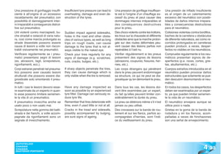 Una pressione di gonfiaggio insuffi-      Insufficient tyre pressure can lead to     Una pression de gonflage insuffisan-       Una presión de inflado insuficiente
ciente è all’origine di un eccessivo      overheating, damage and even de-           te est à l’origine d’un chauffage ex-      es el origen de un calentamiento
riscaldamento del pneumatico con          struction of the tyres.                    cessif du pneu et peut causer des          excesivo del neumático con posibi-
possibilità di danneggiamenti inter-                                                 dommages internes irréparables et          lidades de daños internos irrepara-
ni irreparabili e conseguenze distrut-                                               des conséquences destructives              bles y consecuencias destructoras
tive sul pneumatico.                                                                 pour le pneu.                              para el neumático.
Urti violenti contro marciapiedi, bu-     Sudden impact against sidewalks,           Des chocs violents contre les trottoirs,   Colisiones violentas contra bordillos,
che stradali e ostacoli di varia natu-    holes in the road and other obsta-         les trous sur la chaussée et différents    baches de la carretera u obstáculos
ra, così come marcia prolungata su        cles of various types, as well as long     obstacles ainsi que la marche prolon-      de diferente naturaleza, así como re-
strade dissestate possono essere          trips on rough roads, can cause            gée sur des routes déformées peu-          corridos prolongados en carreteras
causa di lesioni a volte non riscon-      damage to the tyres that is not al-        vent causer des lésions parfois non        pueden producir, a veces, desper-
trabili visivamente nei pneumatici.       ways visible to the naked eye.             repérables à l’oeil nu.                    fectos no visibles en los neumáticos.
Verificare regolarmente se i pneu-        Check your tires regularly for any         Vérifier régulièrement si les pneus        Compruebe regularmente si los neu-
matici presentano segni di lesioni        signs of damage (e.g. scratches,           présentent des signes de lésions           máticos presentan signos de de-
(es. abrasioni, tagli, screpolature,      cuts, cracks, bulges, etc.).               (abrasions, coupures, fissures, her-       sperfectos (p.e. roces, cortes, grie-
rigonfiamenti, ecc.).                                                                nies, etc.).                               tas, abultamientos, etc.).
Corpi estranei penetrati nel pneuma-      If sharp objects penetrate the tires,      Les corps étrangers qui pénètrent          Cuerpos extraños introducidos en el
tico possono aver causato lesioni         they can cause damage which is             dans le pneu peuvent endommager            neumático pueden provocar daños
strutturali che possono essere dia-       only visible when the tire is removed.     sa structure, ce qui ne peut se dia-       estructurales que solamente se pue-
gnosticate solo smontando il pneu-                                                   gnostiquer qu’en démontant le pneu.        den descubrir desmontando el neu-
matico.                                                                                                                         mático.
In tutti i casi le lesioni devono esse-   Have any damage inspected as               Dans tous les cas, les lésions doi-        En todos los casos, los desperfectos
re esaminate da un esperto in quan-       soon as possible by an experienced         vent être examinées par un expert,         deben ser examinados por un exper-
to esse possono limitare seriamen-        tyre fitter. Damage can seriously re-      du fait qu’elles peuvent limiter con-      to, ya que pueden limitar seriamen-
te la vita di un pneumatico.              duce tyre life.                            sidérablement la durée du pneu.            te la vida de un neumático.
Il pneumatico invecchia anche se          Remember that tires deteriorate with       Le pneu se détériore même s’il n’est       El neumático envejece aunque se
usato poco o non usato mai.               time, even if used little or not at all.   jamais ou peu utilisé.                     utilice poco o nada.
Screpolature nella gomma del batti-       Cracks in the tread and sidewalls,         Des crevasses sur la bande de rou-         Grietas en la goma de la banda de
strada e dei fianchi, a volte accom-      possibly accompanied by bulging,           lement et sur les flancs, parfois ac-      rodadura y en los flancos, acom-
pagnate da rigonfiamenti sono un          are sure signs of ageing.                  compagnées d’hernies, sont l’indi-         pañadas a veces de hinchazones
segnale di invecchiamento.                                                           ce du vieillissement du pneu.              son una señal de envejecimiento.




                                                                                                                                                               4 .33
 AUTOTELAIO
 CHASSIS
 CHASSIS
 BASTIDOR PORTANTE
 