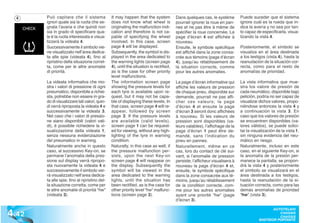 4     Può capitare che il sistema             It may happen that the system           Dans quelques cas, le système         Puede suceder que el sistema
        ignori quale sia la ruota che se-       does not know what wheel is             pourrait ignorer la roue en pan-      ignore cuál es la rueda que in-
        gnala l’avaria e che quindi non         originating the malfunction indi-       nes et ne pas être à même de          dica la avería y no sea por tan-
        sia in grado di specificare qua-        cation and therefore is not ca-         spécifier la roue concernée. La       to capaz de especificarla, visua-
        le è la ruota interessata e visua-      pable of specifying the wheel           page d’écran 4 est affichée à         lizando la vista 4.
        lizzerà la videata 4.                   involved. In this case, screen          nouveau.
        Successivamente il simbolo vie-         page 4 will be displayed.               Ensuite, le symbole spécifique        Posteriormente, el símbolo se
        ne visualizzato nell’area dedica-       Subsequently, the symbol is dis-        est affiché dans la zone consa-       visualiza en el área destinada
        ta alle spie (videata 4), fino al       played in the area dedicated to         crée aux témoins (page d’écran        a los testigos (vista 4), hasta la
        ripristino della situazione corret-     the warning lights (screen page         4), jusqu’au rétablissement de        reanudación de la situación cor-
        ta, come per le altre anomalie          4), until the situation is rectified,   la situation correcte, comme          recta, como para el resto de
        di priorità.                            as is the case for other priority       pour les autres anomalies.            anomalías de prioridad.
                                                level malfunctions.
        La videata informativa che mo-          The information screen page             La page d’écran informative qui       La vista informativa que mue-
        stra i valori di pressione di ogni      showing the pressure levels for         affiche les valeurs de pression       stra los valore de presión de
        pneumatico, disponibile a richie-       each tyre is available upon re-         de chaque pneu, disponible sur        cada neumático, disponible bajo
        sta, potrebbe non essere in gra-        quest, but it may not be capa-          demande, pourrait ne pas affi-        petición, podría no ser capaz de
        do di visualizzare tali valori, quin-   ble of displaying these levels. In      cher ces valeurs; la page             visualizar dichos valores, propo-
        di verrà riproposta la videata 4 e      that case, screen page 4 will re-       d’écran 4 et ensuite la page          niéndose entonces la vista 4 y
        successivamente la videata 3.           appear, followed by screen              d’écran 3 seront donc affichées       a continuación la vista 3. En
        Nel caso che i valori di pressio-       page 3. If the pressure levels          à nouveau. Si les valeurs de          caso que los valores de presión
        ne siano disponibili (valori vali-      are available (valid levels),           pression sont disponibles (va-        se encuentren disponibles (va-
        di), è possibile richiedere la vi-      screen page 1 can be request-           leurs valables), l’affichage de la    lores válidos), se puede solici-
        sualizzazione della videata 1,          ed for viewing, without any high-       page d’écran 1 peut être de-          tar la visualización de la vista 1,
        senza nessuna evidenziazione            lighting of the tyre in warning         mandé, sans l’indication du           sin ninguna evidencia del neu-
        del pneumatico in warning.              condition.                              pneu en pannes.                       mático en riesgo.
        Naturalmente anche in questo            Naturally, in this case as well, if     Naturellement, même en ce             Naturalmente, incluso en este
        caso, al successivo Key-on, se          the pressure malfunction per-           cas, lors du contact de clé sui-      caso, en el siguiente Key-on, si
        permane l’anomalia della pres-          sists, upon the next Key-on             vant, si l’anomalie de pression       la anomalía de la presión per-
        sione sul display verrà ripropo-        screen page 4 will reappear on          persiste, l’afficheur visualisera à   manece la pantalla, se propon-
        sta nuovamente la videata 4 e           the display. Subsequently the           nouveau la page d’écran 4 et,         drá la vista 4 y posteriormente
        successivamente il simbolo ver-         symbol will be viewed in the            ensuite, le symbole spécifique        el símbolo se visualizará en el
        rà visualizzato nell’area dedica-       area dedicated to the warning           dans la zone consacrée aux té-        área destinada a los testigos,
        ta alle spie, fino al ripristino del-   lights, until the situation has         moins, jusqu’au rétablissement        hasta la reanudación de la si-
        la situazione corretta, come per        been rectified, as is the case for      de la condition correcte, com-        tuación correcta, como para las
        le altre anomalie di priorità “hw”      other priority level “hw” malfunc-      me pour les autres anomalies          demás anomalías de prioridad
        (videata 3).                            tions (screen page 3).                  ayant une priorité “hw” (page         “hw” (vista 3).
                                                                                        d’écran 3).


4 .42
                                                                                                                                                AUTOTELAIO
                                                                                                                                                   CHASSIS
                                                                                                                                                   CHASSIS
                                                                                                                                         BASTIDOR PORTANTE
 