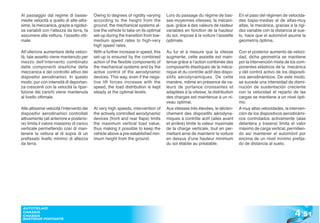 Al passaggio dal regime di basse-          Owing to degrees of rigidity varying     Lors du passage du régime de bas-        En el paso del régimen de velocida-
medie velocità a quello di alte-altis-     according to the height from the         ses-moyennes vitesses, la mécani-        des bajas-medias al de altas-muy
sime, la meccanica, grazie a rigidez-      ground, the mechanical systems al-       que, grâce à des valeurs de raideur      altas, la mecánica, gracias a la rigi-
ze variabili con l’altezza da terra, fa    low the vehicle to take on its optimal   variables en fonction de la hauteur      dez variable con la distancia al sue-
assumere alla vettura, l’assetto otti-     set-up during the transition from low-   du sol, impose à la voiture l’assiette   lo, hace que el automóvil asuma la
male.                                      medium speed rates to high-very          optimale.                                geometría óptima.
                                           high speed rates.
All’ulteriore aumentare della veloci-      With a further increase in speed, this   Au fur et à mesure que la vitesse        Con el posterior aumento de veloci-
tà, tale assetto viene mantenuto per       set-up is ensured by the combined        augmente, cette assiette est main-       dad, dicha geometría se mantiene
mezzo dell’intervento combinato            action of the flexible components of     tenue grâce à l’action combinée des      por la intervención mixta de los com-
delle componenti elastiche della           the mechanical systems and by the        composants élastiques de la méca-        ponentes elásticos de la mecánica
meccanica e del controllo attivo dei       active control of the aerodynamic        nique et du contrôle actif des dispo-    y del control activo de los dispositi-
dispositivi aerodinamici. In questo        devices. This way, even if the nega-     sitifs aérodynamiques. De cette          vos aerodinámicos. De este modo,
modo, pur con intensità di deportan-       tive lift forces increase with the       manière, même en présence de va-         se sucede una intensidad de dismi-
za crescenti con la velocità la ripar-     speed, the load distribution is kept     leurs de portance croissantes et         nución de sustentación creciente
tizione dei carichi viene mantenuta        steady at the optimal levels.            adaptées à la vitesse, la distribution   con la velocidad el reparto de las
al livello ottimale.                                                                des charges est maintenue à un ni-       cargas se mantiene a un nivel ópti-
                                                                                    veau optimal.                            mo.
Alle altissime velocità l’intervento dei   At very high speeds, intervention of     Aux vitesses très élevées, le déclen-    A muy altas velocidades, la interven-
dispositivi aerodinamici controllati       the actively controlled aerodynamic      chement des dispositifs aérodyna-        ción de los dispositivos aerodinámi-
attivamente (ali anteriore e posterio-     devices (front and rear flaps) limits    miques à contrôle actif (ailes avant     cos controlados activamente (alas
re) limita il valore massimo di carico     the maximum vertical load value,         et arrière) limite la valeur maximale    delantera y trasera) limita el valor
verticale permettendo così di man-         thus making it possible to keep the      de la charge verticale, tout en per-     máximo de carga vertical, permitien-
tenere la vettura al di sopra di un        vehicle above a pre-established min-     mettant ainsi de maintenir la voiture    do así mantener el automóvil por
prefissato livello minimo di altezza       imum height from the ground.             en dessus d’une hauteur minimum          encima de un nivel mínimo prefija-
da terra.                                                                           du sol établie au préalable.             do de distancia al suelo.




                                                                                                                                                            4 .51
 AUTOTELAIO
 CHASSIS
 CHASSIS
 BASTIDOR PORTANTE
 