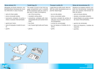 Borsa attrezzi (C)                         Toolkit bag (C)                           Trousse à outils (C)                    Bolsa de herramientas (C)
  Alloggiata nel baule anteriore, con-       The toolkit is found in the front lug-    Logée dans le coffre avant, elle con-   Alojada en el maletero anterior, con-
  tiene gli attrezzi necessari per un pri-   gage compartment and it contains          tient les outils nécessaires pour un    tiene las herramientas necesarias
  mo intervento in caso di avaria:           all the necessary tools for a first re-   premier dépannage:                      para una primera intervención en
                                             pair work in case of emergency:                                                   caso de avería:
  • serie di chiavi piatte;                  • set of flat wrenches;                   • jeu de clés plates;                   • serie de llaves planas;
  • pinza universale isolata;                • insulated cutting pliers;               • pince universelle isolée;             • alicates universales aislados;
  • cacciavite completo di punte e           • screwdriver complete with inter-        • tournevis complet de pointes et       • destornillador con puntas y llaves
    chiavi a bussola intercambiabili;           changeable bits and socket wren-         clés pour vis à six pans creux in-       de vasos intercambiables;
                                                ches;                                    terchangeables;
  • gancio per traino;                       • tow hook;                               • crochet de remorquage;                • gancho de remolcado;
  • serie di lampade e fusibili di scor-     • set of spare light bulbs and fuses;     • jeu de lampes et fusibles de ré-      • serie de lámparas y fusibles de
    ta;                                                                                  serve;                                  repuesto.
  • guanti.                                  • gloves.                                 • gants.                                • guantes.




          C




4 .56
                                                                                                                                                  AUTOTELAIO
                                                                                                                                                     CHASSIS
                                                                                                                                                     CHASSIS
                                                                                                                                           BASTIDOR PORTANTE
 
