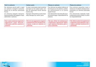 Parti in carbonio                      Carbon parts                            Pièces en carbone                        Piezas de carbono
  Per eliminare piccoli graffi e segni   In order to eliminate small scratches   Pour éliminer les petites éraflures et   Para eliminar pequeñas rayas y
  sul carbonio rivolgersi esclusiva-     and signs on the carbon parts, con-     les marques sur le carbone, s’adres-     marcas en el carbono diríjase exclu-
  mente ad un Servizio autorizzato       tact an authorised Ferrari Service      ser exclusivement à un Centre            sivamente a un Servicio autorizado
  Ferrari.                               Centre only.                            Agréé Ferrari.                           Ferrari
  Un intevento eseguito impropria-       Improper interventions could irrepa-    Une intervention mal exécutée pour-      Una intervención realizada inade-
  mente potrebbe danneggiare irrepa-     rably damage the carbon parts.          rait endommager irréparablement le       cuadamente podría dañar el carbo-
  rabilmente il carbonio.                                                        carbone.                                 no irreparablemente


   Non usare sostanze organiche           Do not use aggressive organic           Ne pas utiliser de substances            No utilice sustancias agresivas
   aggressive, quali: benzina,            substances such as petrol, ke-          organiques agressives telles             orgánicas como gasolina, que-
   cherosene, petrolio, acetone o         rosene, crude oil, acetone or           que: essence, kérosène, pétro-           roseno, petróleo, acetona o di-
   solventi.                              solvents.                               le ou solvants.                          solventes.




4 .66
                                                                                                                                             AUTOTELAIO
                                                                                                                                                CHASSIS
                                                                                                                                                CHASSIS
                                                                                                                                      BASTIDOR PORTANTE
 