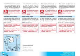 • Se la batteria funziona in sovracca-      • If the battery runs overloaded, it     • Si la batterie fonctionne en sur-      • Si la batería se sobrecarga, se
    rica, si rovina rapidamente. Far con-      will wear out quickly. Have the          charge, elle s’abîme rapidement.         oxida rápidamente. Compruebe la
    trollare l’impianto elettrico del vei-     vehicle’s electrical system              Faire contrôler le système électri-      instalación eléctrica del automóvil
    colo nel caso in cui la batteria sia       checked if the battery tends to dis-     que du véhicule si la batterie tend      en caso que la batería se descar-
    soggetta a scaricarsi facilmente.          charge very often.                       à se décharger rapidement.               gue fácilmente.
               Non avvicinare la batte-                 Do not keep the battery                  Ne pas approcher la                      No acerque la batería a
               ria a fonti di calore o                  near sources of heat or                  batterie de sources de                   fuentes de calor, a chi-
               scintille a fiamme libe-                 sparks from naked                        chaleur, étincelles ou                   spas o a llamas.
  ATTENZIONE
               re.                            WARNING!
                                                        flames.                        ATTENTION
                                                                                                 flammes libres.                ATENCIÓN
                                                                                                                                ATENCI



 Interruttore stacca batteria                Battery master switch                    Interrupteur coupe-batterie              Interruptor cortacorrientes
 Il cavo di massa della batteria può         The battery’s earth wire can be dis-     Le câble de masse de la batterie         El cable de masa de la batería pue-
 essere interrotto mediante l’apposi-        connected using the specific switch      peut être coupé par l’interrupteur       de interrumpirse mediante el inter-
 to interruttore B, posto anch’esso nel      B, which is also located in the front    spécial B, situé dans le coffre avant.   ruptor correspondiente B, situado
 baule anteriore.                            luggage compartment.                                                              también en el maletero delantero.
  Si consiglia di scollegare la               Disconnection of the battery is          Il est conseillé de débrancher           Se recomienda desconectar la
  batteria in caso di prolungata              advised if the vehicle is not            la batterie en cas d’inutilisation       batería e caso de inactividad
  inattività della vettura.                   used for long periods of time.           prolongée de la voiture.                 prolongada del automóvil.

  Consultare il capitolo “Sosta               Refer to the section on “Long            Voir le chapitre “Remisage Pro-          Consulte el capítulo “Parada
  Prolungata” nella sezione “Au-              Periods of Inactivity” in the            longé” et notamment la section           Prolongada” en la sección “Ba-
  totelaio” pag. 4.67.                        “Chassis” chapter page 4.67.             “Châssis” page 4.67.                     stidor portante” pág. 4.67.




                                  B




                                             B - Interruttore stacca batteria.

                                             B - Battery master switch.

                                             B - Interrupteur coupe-batterie

                                             B - Interruptor cortacorrientes.


5 .4
                                                                                                                                         IMPIANTO ELETTRICO
                                                                                                                                          ELECTRICAL SYSTEM
                                                                                                                                    INSTALLATION ELECTRIQUE
                                                                                                                                      INSTALACIÓN ELÉCTRICA
 