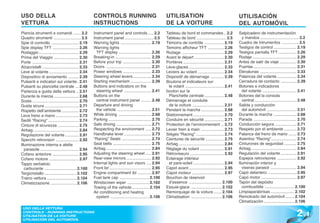 USO DELLA                                              CONTROLS RUNNING                                       UTILISATION                                            UTILISACIÓN
VETTURA                                                INSTRUCTIONS                                           DE LA VOITURE                                          DEL AUTOMÓVIL
Plancia strumenti e comandi ....... 2.2                Instrument panel and controls ..... 2.2                Tableau de bord et commandes .. 2.2                    Salpicadero de instrumentación
Quadro strumenti ........................ 2.5          Instrument panel ......................... 2.5         Tableau de bord .......................... 2.5           y mandos .................................. 2.2
Spie di controllo ........................ 2.19        Warning lights ........................... 2.19        Témoins de contrôle ................. 2.19             Cuadro de intrumentos ............... 2.5
Spie display TFT ....................... 2.26          Warning lights                                         Temoins afficheur TFT .............. 2.26              Testigos de control .................... 2.19
Rodaggio ................................... 2.29        TFT display ............................. 2.26       Rodage ..................................... 2.29      Testigos pantalla TFT ................ 2.26
Prima del Viaggio ...................... 2.30          Breaking-in ................................ 2.29      Avant le départ .......................... 2.30        Rodaje ....................................... 2.29
Porte ......................................... 2.31   Before your trip ......................... 2.30        Portières .................................... 2.31    Antes de salir de viaje ............... 2.30
Alzacristalli ................................ 2.33    Doors ........................................ 2.31    Lève-glaces ............................... 2.33       Puertas ...................................... 2.31
Leve al volante .......................... 2.34        Power windows ......................... 2.33           Leviers au volant ....................... 2.34         Elevalunas ................................ 2.33
Dispositivo di avviamento ......... 2.39               Steering wheel levers ................ 2.34            Dispositif de démarrage ............ 2.39              Palancas del volante ................. 2.34
Pulsanti e indicatori sul volante . 2.41               Starting mechanism .................. 2.39             Boutons et indicateurs sur                             Cerradura de contacto .............. 2.39
Pulsanti su plancetta centrale ... 2.48                Buttons and indicators on the                           le volant .................................. 2.41     Botones e indicadores
Partenza e guida della vettura .. 2.51                   steering wheel ........................ 2.41         bouton sur la                                            del volante .............................. 2.41
Durante la marcia ...................... 2.68          Buttons on the                                          Planchette centrale ................. 2.48            Botones del la consola
Sosta ......................................... 2.70     central instrument panel ......... 2.48              Démarrage et conduite                                    central ..................................... 2.48
Guida sicura .............................. 2.71       Departure and driving                                   de la voiture ............................ 2.51       Salida y conducción
Rispetto dell’ambiente ............... 2.72              the vehicle .............................. 2.51      Pendant la marche .................... 2.68              del automóvil .......................... 2.51
Leva freno a mano .................... 2.73            While driving ............................. 2.68       Stationnement ........................... 2.70         Durante la marcha .................... 2.68
Sedili “Racing” ........................... 2.74       Parking ...................................... 2.70    Conduire en sécurité ................. 2.71            Parada ...................................... 2.70
Cinture di sicurezza .................. 2.75           Safe driving ............................... 2.71      Protection de l’environnement .. 2.72                  Conducción segura ................... 2.71
Airbag ........................................ 2.84   Respecting the environment ..... 2.72                  Levier frein à main .................... 2.73          Respeto por el ambiente ........... 2.72
Regolazione del volante ............ 2.91              Handbrake lever ........................ 2.73          Sièges “Racing” ........................ 2.74          Palanca del freno de mano ....... 2.73
Specchi retrovisori .................... 2.92          “Racing” Seats .......................... 2.74         Ceintures de sécurité ................ 2.75            Asientos “Racing” ...................... 2.74
Illuminazione interna e alette                         Seat belts .................................. 2.75     Airbag ........................................ 2.84   Cinturones de seguridad ........... 2.75
   parasole .................................. 2.94    Airbag ........................................ 2.84   Réglage du volant ..................... 2.91           Airbag ........................................ 2.84
Cofano anteriore ....................... 2.95          Adjusting the steering wheel ..... 2.91                Rétroviseurs .............................. 2.92       Regulación del volante .............. 2.91
Cofano motore .......................... 2.97          Rear-view mirrors ...................... 2.92          Eclairage intérieur                                    Espejos retrovisores ................. 2.92
Tappo serbatoio                                        Internal lights and sun visors .... 2.94                et pare-soleil ........................... 2.94       Iluminación interior y
   carburante ............................ 2.100       Front lid ..................................... 2.95   Capot avant ............................... 2.95         viseras parasol ....................... 2.94
Tergicristallo ............................ 2.102      Engine compartment lid ............ 2.97               Capot moteur ............................ 2.97         Capó delantero ......................... 2.95
Traino vettura .......................... 2.104        Fuel tank cap .......................... 2.100         Bouchon de réservoir                                   Capó motor ............................... 2.97
Climatizzazione ....................... 2.106          Windscreen wiper ................... 2.102              d’essence ............................. 2.100         Tapón del depósito
                                                       Towing of the vehicle ............... 2.104            Essuie-glace ........................... 2.102           combustible .......................... 2.100
                                                       Air conditioning and heating                           Remorquage de la voiture ....... 2.104                 Limpiaparabrisas ..................... 2.102
                                                         system .................................. 2.106      Climatisation ........................... 2.106        Remolcado del automóvil ........ 2.104
                                                                                                                                                                     Climatización ........................... 2.106


                                                                                                                                                                                                                  2 .1
 USO DELLA VETTURA
 CONTROLS - RUNNING INSTRUCTIONS
 UTILISATION DE LA VOITURE
 UTILISACIÓN DEL AUTOMÓVIL
 
