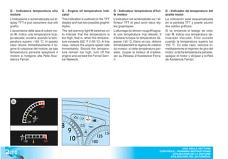 G - Indicatore temperatura olio          G - Engine oil temperature indi-         G - Indicateur température d’hui-        G - Indicador de temperatura del
  motore                                   cator                                    le moteur                                aceite motor
  L’indicazione è schematizzata sul di-    This indication is outlined on the TFT   L’indication est schématisée sur l’af-   La indicación está esquematizada
  splay TFT e può assumere due stili       display and has two possible graphic     ficheur TFT et peut avoir deux sty-      en la pantalla TFT y puede asumir
  grafici.                                 styles.                                  les graphiques.                          dos estilos gráficos.
  L’accensione della spia di colore ros-   The red warning light H switches on      L’allumage du témoin rouge H signa-      Si se enciende el testigo de color
  so H, indica una temperatura trop-       to indicate that the temperature is      le une température trop élevée; Il       rojo H, indica una temperatura de-
  po elevata; avviene quando la tem-       too high, that is, when the tempera-     s’éclaire lorsque la température dé-     masiado elevada; Esto sucede
  peratura supera i 150 °C. In questo      ture exceeds 302 °F (150 °C). In this    passe 150 °C. Dans ce cas, réduire       cuando la temperatura supera los
  caso ridurre immediatamente il re-       case, reduce the engine speed rate       immédiatement le régime de rotation      150 °C. En este caso, reduzca in-
  gime di rotazione del motore; se tale    immediately. Should the tempera-         du moteur; si cette température per-     mediatamente el régimen de giro del
  temperatura persiste spegnere il         ture remain too high, turn off the       siste, couper le moteur et s’adres-      motor; si dicha temperatura persiste,
  motore e rivolgersi alla Rete Assi-      engine and contact the Ferrari Serv-     ser au Réseau d’Assistance Ferra-        apague el motor y diríjase a la Red
  stenza Ferrari.                          ice Network.                             ri.                                      de Asistencia Ferrari.




   G                                                         H




2 .10
                                                                                                                                      USO DELLA VETTURA
                                                                                                                        CONTROLS - RUNNING INSTRUCTIONS
                                                                                                                               UTILISATION DE LA VOITURE
                                                                                                                              UTILISACIÓN DEL AUTOMÓVIL
 
