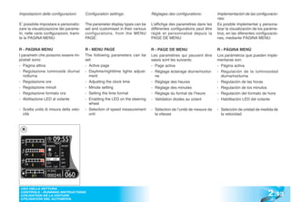Impostazioni delle configurazioni:        Configuration settings:               Réglages des configurations:           Implementación de las configuracio-
                                                                                                                       nes:
E’ possibile impostare e personaliz-      The parameter display types can be    L’affichge des paramètres dans les     Es posible implementar y persona-
zare la visualizzazione dei parame-       set and customised in their various   différentes configurations peut être   lizar la visualización de los paráme-
tri, nelle varie configurazioni, trami-   configurations, from the MENU         réglé et personnalisé depuis la        tros, en las diferentes configuracio-
te la PAGINA MENU:                        PAGE:                                 PAGE DE MENU:                          nes, mediante PÁGINA MENÚ:

R - PAGINA MENU                           R - MENU PAGE                         R - PAGE DE MENU                       R - PÁGINA MENÚ
I parametri che possono essere im-        The following parameters can be       Les paramètres qui peuvent être        Los parámetros que pueden imple-
postati sono:                             set:                                  saisis sont les suivants:              mentarse son:
- Pagina attiva                           - Active page                         - Page active                          - Página activa
- Regolazione luminosità diurna/          - Daytime/nighttime lights adjust-    - Réglage éclairage diurne/noctur-     - Regulación de la luminosidad
   notturna                                 ment                                  ne                                     diurna/nocturna
- Regolazione ore                         - Adjusting the clock time            - Réglage des heures                   - Regulación de las horas
- Regolazione minuti                      - Minute setting                      - Réglage des minutes                  - Regulación de los minutos
- Regolazione formato ora                 - Setting the time format             - Réglage du format de l’heure         - Regulación del formato de hora
- Abilitazione LED al volante             - Enabling the LED on the steering    - Validation diodes au volant          - Habilitación LED del volante
                                            wheel
- Scelta unità di misura della velo-      - Selection of speed measurement      - Sélection de l’unité de mesure de    - Selección de unidad de medida de
  cità                                      unit                                  la vitesse                             la velocidad


  R




                                                                                                                                                      2 .13
 USO DELLA VETTURA
 CONTROLS - RUNNING INSTRUCTIONS
 UTILISATION DE LA VOITURE
 UTILISACIÓN DEL AUTOMÓVIL
 