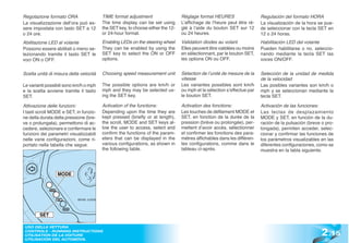 Regolazione formato ORA                 TIME format adjustment                  Réglage format HEURES                   Regulación del formato HORA
La visualizzazione dell’ora può es-     The time display can be set using       L’affichage de l’heure peut être ré-    La visualización de la hora se pue-
sere impostata con tasto SET a 12       the SET key, to choose either the 12-   glé à l’aide du bouton SET sur 12       de seleccionar con la tecla SET en
o 24 ore.                               or 24-hour format.                      ou 24 heures.                           12 o 24 horas.
Abilitazione LED al volante             Enabling LEDs on the steering wheel     Validation diodes au volant             Habilitación LED del volante
Possono essere abilitati o meno se-     They can be enabled by using the        Elles peuvent être validées ou moins    Pueden habilitarse o no, seleccio-
lezionando tramite il tasto SET le      SET key to select the ON or OFF         en sélectionnant, par le bouton SET,    nando mediante la tecla SET las
voci ON o OFF.                          options.                                les options ON ou OFF.                  voces ON/OFF.


Scelta unità di misura della velocità   Choosing speed measurement unit         Sélection de l’unité de mesure de la    Selección de la unidad de medida
                                                                                vitesse                                 de la velocidad
Le varianti possibili sono km/h o mph   The possible options are km/h or        Les variantes possibles sont km/h       Las posibles variantes son km/h o
e la scelta avviene tramite il tasto    mph and they may be selected us-        ou mph et la sélection s’effectue par   mph y se seleccionan mediante la
SET.                                    ing the SET key.                        le bouton SET.                          tecla SET.

Attivazione delle funzioni:             Activation of the functions:            Activation des fonctions:               Activación de las funciones:
I tasti scroll MODE e SET, in funzio-   Depending upon the time they are        Les touches de défilement MODE et       Las teclas de desplazamiento
ne della durata della pressione (bre-   kept pressed (briefly or at length),    SET, en fonction de la durée de la      MODE y SET, en función de la du-
ve o prolungata), permettono di ac-     the scroll, MODE and SET keys al-       pression (brève ou prolongée), per-     ración de la pulsación (breve o pro-
cedere, selezionare e confermare le     low the user to access, select and      mettent d’avoir accès, sélectionner     longada), permiten acceder, selec-
funzioni dei parametri visualizzabili   confirm the functions of the param-     et confirmer les fonctions des para-    cionar y confirmar las funciones de
nelle varie configurazioni, come ri-    eters that can be displayed in the      mètres affichables dans les différen-   los parámetros visualizables en las
portato nella tabella che segue.        various configurations, as shown in     tes configurations, comme dans le       diferentes configuraciones, como se
                                        the following table.                    tableau ci-après.                       muestra en la tabla siguiente.




                 MODE




        SET



                                                                                                                                                      2 .15
 USO DELLA VETTURA
 CONTROLS - RUNNING INSTRUCTIONS
 UTILISATION DE LA VOITURE
 UTILISACIÓN DEL AUTOMÓVIL
 