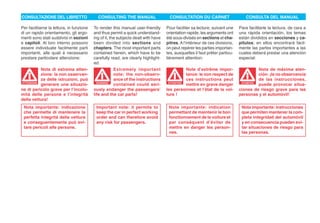 CONSULTAZIONE DEL LIBRETTO                  CONSULTING THE MANUAL                     CONSULTATION DU CARNET                      CONSULTA DEL MANUAL

Per facilitarne la lettura, in funzione   To render this manual user-friendly       Pour faciliter sa lecture, suivant une    Para facilitarle la lectura, de cara a
di un rapido orientamento, gli argo-      and thus permit a quick understand-       orientation rapide, les arguments ont     una rápida orientación, los temas
menti sono stati suddivisi in sezioni     ing of it, the subjects dealt with have   été sous-divisés en sections et cha-      están divididos en secciones y ca-
e capitoli. Al loro interno possono       been divided into sections and            pitres. A l’intérieur de ces divisions,   pítulos; en ellos encontrará fácil-
essere individuate facilmente parti       chapters. The most important parts        on peut repérer les parties importan-     mente las partes importantes a las
importanti, alle quali è necessario       contained herein, which have to be        tes, auxquelles il faut prêter particu-   cuales deberá prestar una atención
prestare particolare attenzione:          carefully read, are clearly highlight-    lièrement attention:                      especial:
                                          ed:
           Nota di estrema atten-                      Extremely important                     Note d’extrême impor-                    Nota de máxima aten-
           zione: la non osservan-                     note: the non-observ-                   tance: le non respect de                 ción: ¡la no observancia
           za delle istruzioni, può                    ance of the instructions                ces instructions peut                    de las instrucciones,
ATTENZIONE
           generare una situazio-           WARNING!
                                                       contained could seri-         ATTENTION
                                                                                               mettre en grave danger          ATENCIÓN
                                                                                                                               ATENCI
                                                                                                                                        puede provocar situa-
ne di pericolo grave per l’incolu-        ously endanger the passengers’            les personnes et l’état de la voi-        ciones de riesgo grave para las
mità delle persone e l’integrità          life and the car parts!                   ture !                                    personas y el automóvil!
della vettura!
 Nota importante: indicazione              Important note: it permits to             Note importante: indication               Nota importante: instrucciones
 che permette di mantenere la              keep the car in perfect working           permettant de maintenir le bon            que permiten mantener la com-
 perfetta integrità della vettura          order and can therefore avoid             fonctionnement de la voiture et           pleta integridad del automóvil
 e conseguentemente può evi-               any risk for passengers.                  par conséquent d’éviter de                y en consecuencia pueden evi-
 tare pericoli alle persone.                                                         mettre en danger les person-              tar situaciones de riesgo para
                                                                                     nes.                                      las personas.
 