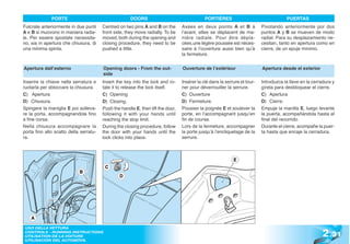 PORTE                                   DOORS                                  PORTIÈRES                                 PUERTAS
Fulcrate anteriormente in due punti     Centred on two pins A and B on the       Axées en deux points A et B à             Pivotando anteriormente por dos
A e B si muovono in maniera radia-      front side, they move radially. To be    l’avant, elles se déplacent de ma-        puntos A y B se mueven de modo
le. Per essere spostate necessita-      moved, both during the opening and       nière radiale. Pour être dépla-           radial. Para su desplazamiento ne-
no, sia in apertura che chiusura, di    closing procedure, they need to be       cées,une légère poussée est néces-        cesitan, tanto en apertura como en
una minima spinta.                      pushed a little.                         saire à l’ouverture aussi bien qu’à       cierre, de un epuje mínimo.
                                                                                 la fermeture.


Apertura dall’esterno                   Opening doors - From the out-            Ouverture de l’extérieur                  Apertura desde el exterior
                                        side
Inserire la chiave nella serratura e    Insert the key into the lock and ro-     Insérer la clé dans la serrure et tour-   Introduzca la llave en la cerradura y
ruotarla per sbloccare la chiusura.     tate it to release the lock itself.      ner pour déverrouiller la serrure.        gírela para desbloquear el cierre.
C) Apertura                             C) Opening                               C) Ouverture                              C) Apertura
D) Chiusura.                            D) Closing.                              D) Fermeture.                             D) Cierre.
Spingere la maniglia E poi solleva-     Push the handle E, then lift the door,   Pousser la poignée E et soulever la       Empuje la manilla E, luego levante
re la porta, accompagnandola fino       following it with your hands until       porte, en l’accompagnant jusqu’en         la puerta, acompañándola hasta el
a fine corsa.                           reaching the stop limit.                 fin de course.                            final del recorrido.
Nella chiusura accompagnare la          During the closing procedure, follow     Lors de la fermeture, accompagner         Durante el cierre, acompañe la puer-
porta fino allo scatto della serratu-   the door with your hands until the       la porte jusqu’à l’encliquetage de la     ta hasta que encaje la cerradura.
ra.                                     lock clicks into place.                  serrure.



                                                                                                            E
                                         C
                            B
                                                D




    A


                                                                                                                                                         2 .31
 USO DELLA VETTURA
 CONTROLS - RUNNING INSTRUCTIONS
 UTILISATION DE LA VOITURE
 UTILISACIÓN DEL AUTOMÓVIL
 