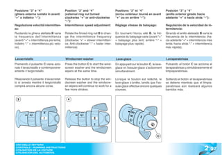 Posizione “3” e “4”                       Position “3” and “4”                     Positions “3” et “4”                    Posición “3” y “4”
(ghiera esterna ruotata in avanti         (external ring nut turned                (écrou extérieur tourné en avant        (anillo exterior girado hacia
“+” o indietro “-”):                      clockwise “+” or anti-clockwise          “+” ou en arrière “-”):                 adelante “+” o hacia atrás “-”):
                                          “-”):
Regolazione velocità intermitten-         Intermittence speed adjustment:          Réglage vitesse de balayage:            Regulación de la velocidad de in-
za:                                                                                                                        termitencia:
Ruotando la ghiera alettata B varia       Rotate the finned ring nut B to chan-    En tournant l’écrou ailé B, la fré-     Girando el anillo aleteado B varía la
la frequenza dell’intermittenza           ge the intermittence frequency           quence du balayage varie (avant “+”     frecuencia de la intermitencia (ha-
(avanti “+” = intermittenza più lenta;    (clockwise “+” = slower intermitten-     = balayage plus lent; arrière “-” =     cia adelante “+” = intermitencia más
indietro “-” = intermittenza più velo-    ce, Anti-clockwise “-” = faster inter-   balayage plus rapide).                  lenta; hacia atrás “-” = intermitencia
ce).                                      mittence).                                                                       más rápida).


Lavacristallo                             Windscreen washer                        Lave-glace                              Lavaparabrisas
Premendo il pulsante C viene azio-        Press the button C to start the wind-    En appuyant sur le bouton C, le lave-   Pulsando el botón C se acciona el
nato il lavacristallo e contemporane-     screen washer and the windscreen         glace et l’essuie-glace s’actionnent    lavaparabrisas y simultáneamente el
amente il tergicristallo.                 wipers at the same time.                 simultanément.                          limpiaparabrisas.

Rilasciando il pulsante il lavacristal-   Release the button to stop the win-      Lorsque le bouton est relâché, le       Soltando el botón el lavaparabrisas
lo si arresta mentre il tergicristallo    dscreen washer and the windscre-         lave-glace s’arrête, tandis que l’es-   se detiene mientras que el limpia-
compirà ancora alcune corse.              en wipers will continue to work for a    suie-glace effectue encore quelques     parabrisas aún realizará algunos
                                          few more strokes.                        courses.                                barridos más.


  3                                         4




                                                                                                                    C



                                                                                                                                                          2 .37
 USO DELLA VETTURA
 CONTROLS - RUNNING INSTRUCTIONS
 UTILISATION DE LA VOITURE
 UTILISACIÓN DEL AUTOMÓVIL
 