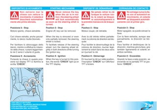 DISPOSITIVO DI AVVIAMENTO                   STARTING MECHANISM                    DISPOSITIF DE DÉMARRAGE                   CERRADURA DE CONTACTO
           Non estrarre mai la                     Never remove the key                      Ne jamais retirer la clé                No extraiga nunca la lla-
           chiave con vettura in                   when the car is in mo-                    lorsque la voiture rou-                 ve con el automóvil en
           movimento; il volante si                tion; the steering wheel                  le; le volant se bloque-                movimiento; el volante
ATTENZIONE
           bloccherà automatica-          WARNING!
                                                   will lock automatically         ATTENTION
                                                                                             ra automatiquement à           ATENCIÓN
                                                                                                                            ATENCI
                                                                                                                                     se bloqueará automáti-
mente alla prima sterzata.               as soon as the steering whell is         la première manœuvre de braqua-          camente con el primer giro.
                                         turned.                                  ge.
Posizione 0 - Stop                       Position 0 - Stop                        Position 0 - Stop                        Posición 0 - Stop
Motore spento, chiave estraibile.        Engine off, key can be removed.          Moteur coupé, clé retirable.             Motor apagado, se puede extraer la
                                                                                                                           llave.
Con chiave estratta, anche parzial-      When the key is removed or even          Avec la clé retirée même partielle-      Con la llave extraída, aunque sea
mente, lo sterzo risulta bloccato.       only partially removed, the steering     ment, la colonne de direction est blo-   parcialmente, la dirección se blo-
                                         wheel is locked.                         quée.                                    quea.
Per facilitare lo sbloccaggio dello      To facilitate release of the steering    Pour faciliter le déverrouillage de la   Para facilitar el desbloqueo de la
sterzo, mentre si effettua la rotazio-   wheel, turn the steering wheel sli-      colonne de direction, tourner légè-      dirección, mientras gira la llave, gire
ne della chiave, ruotare leggermen-      ghtly in both directions while turning   rement le volant dans les deux sens      también ligeramente el volante en
te nei 2 sensi il volante di guida.      the ignition key.                        en tournant la clé.                      ambos sentidos.
Posizione II - Avviamento                Position II - Ignition                   Position II - Démarrage                  Posición II - Encendido
Portando la chiave in questa posi-       When the key is turned to this posi-     En tournant la clé sur cette position,   Girando la llave a esta posición, se
zione sul display TFT si illumina la     tion, the words “CHECK” light up on      l’inscription “CHECK” sur l’afficheur    enciende en la pantalla TFT el gra-
scritta “CHECK”.                         the TFT display.                         TFT s’éclaire.                           fismo “CHECK“.




                               II
                  0




                                                                                                                                                           2 .39
 USO DELLA VETTURA
 CONTROLS - RUNNING INSTRUCTIONS
 UTILISATION DE LA VOITURE
 UTILISACIÓN DEL AUTOMÓVIL
 