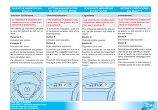 PULSANTI E INDICATORI SUL                 BUTTONS AND INDICATORS                   BOUTONS ET INDICATEURS                  BOTONES E INDICADORES
        VOLANTE                            ON THE STEERING WHEEL                        SUR LE VOLANT                           DEL VOLANTE

Indicatori di Direzione                  Direction indicators                     Clignotants                             Intermitentes

 Gli indicatori di direzione fun-         The direction indicators only            Les clignotants fonctionnent            Los intermitentes solamente
 zionano solo con chiave di ac-           work when the ignition key is            uniquement avec la clé de con-          funcionan con la llave de con-
 censione in posizione II.                in position II.                          tact sur la position II.                tacto en la posición II.
Per inserire gli indicatori, spingere    To turn on the indicators, push one      Pour activer les clignotants, appuyer   Para conectar los intermitentes, pul-
su uno dei pulsanti sui lati del vo-     of the buttons on either side of the     sur l’un des boutons aux côtés du       se alguno de los botones a los la-
lante.                                   steering wheel.                          volant.                                 dos del volante.
Pulsante A                               Button A                                 Bouton A                                Botón A
Indicatori lato sinistro.                Left-hand side indicators.               Clignotants côté gauche                 Intermitente lado izquierdo.
Pulsante B                               Button B                                 Bouton B                                Botón B
Indicatori lato destro                   Right-hand side indicators               Clignotants côté droit                  Intermitente lado derecho
Contemporaneamente alla pressio-         As soon as one of the two buttons is     Lors de la pression de l’un des deux    Simultáneamente a la presión sobre
ne di uno dei due pulsanti, nel qua-     pressed, the respective warning li-      boutons, le témoin correspondant        unos de los dos botones, se encien-
dro strumenti si illumina ad intermit-   ght will flash on the instrument pa-     sur le tableau de bord commence à       de en el cuadro de instrumentos de
tenza la relativa spia.                  nel.                                     clignoter.                              forma intermitente el testigo corre-
Per disinserire l’indicatore e la spia   To turn off the indicator and the war-   Pour désactiver le clignotant et le     spondiente.
premere nuovamente sul pulsante.         ning light, press the button again.      témoin, appuyer à nouveau sur le        Para desconectar el intermitente y
                                                                                  bouton.                                 el testigo pulse de nuevo en botón.


   A                              B




                                                                                                                                                         2 .41
 USO DELLA VETTURA
 CONTROLS - RUNNING INSTRUCTIONS
 UTILISATION DE LA VOITURE
 UTILISACIÓN DEL AUTOMÓVIL
 
