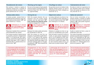 Riscaldamento del motore                  Warming up the engine                      Chauffage du moteur                       Calentamiento del motor
Non portare il motore a regime di         Do not run the engine at high speeds       Ne pas faire tourner le moteur à des      No sitúe el motor en regímenes de
rotazione elevati fino a quando la        until the engine oil temperature has       régimes élevés jusqu’à ce que la          giro elevados hasta que la tempe-
temperatura dell’olio non abbia rag-      reached at least 150÷160 °F (65÷70         température de l’huile n’atteigne au      ratura del aceite no alcance al me-
giunto almeno 65÷70 °C circa.             °C), approximately.                        moins 65÷70 °C.                           nos unos 65÷70 °C .

Partenza della vettura                    Driving the car                            Départ de la voiture                      Salida del automóvil
A motore avviato, veicolo fermo e         With the engine started, the car           Le moteur démarré, la voiture à l’ar-     Con el motor encendido, el au-
pedale del freno premuto, tirare ver-     stopped and the brake pedal                rêt e la pédale de frein appuyée, ti-     tomóvil parado y pisando el pedal
so il volante la leva destra “UP” per     pressed, pull the right-hand “UP”          rer vers le volant le levier droit “UP”   de freno, tira hacia el volante de la
poter inserire la 1ª marcia.              lever towards the steering wheel           pour embrayer la 1e vitesse.              palanca “UP” para poder engranar
                                          in order to engage the 1st gear .                                                    la 1ª velocidad.
             Utilizzare la 1ª marcia                 Use 1st gear to park or                     Utiliser la 1e vitesse                   Utilice la 1ª velocidad
             per parcheggiare e per                  to depart uphill.                           pour garer la voiture et                 para aparcar y para ar-
             le partenze in salita.                                                              pour les démarrages en                   rancar en subida.
                                                                                                 pente.
ATTENZIONE                                 WARNING!                                    ATTENTION                                ATENCIÓN
                                                                                                                                ATENCI


Rilasciare il pedale freno e premere      Release the brake pedal and press          Relâcher la pédale de frein et ap-        Suelte el pedal de freno y pise el
sull’acceleratore per partire.            the accelerator to start off.              puyer sur l’accélérateur pour partir.     acelerador para salir.
Con motore acceso e vettura ferma         With the engine on and the car             Avec le moteur coupé et la voiture à      Con motor encendido y el automóvil
è possibile passare direttamente          stopped, it is possible to shift direct-   l’arrêt, on peut passer directement       parado se puede pasar directamen-
dalla 1ª o 2ª marcia alla “R” (retro-     ly from 1st or 2nd gear to “R” (reverse    de la 1e ou 2e vitesse à la “R” (mar-     te de 1ª o 2ª velocidad a la “R” (mar-
marcia), premendo il pulsante C sul       gear), by pressing the button C on         che arrière), en appuyant sur le bou-     cha atrás), pulsando el botón C del
volante (vedi pag. 2.53) e, dalla re-     the steering wheel (see page 2.53)         ton C sur le volant (voir page 2.53)      volante (véase pág. 2.53) y, de mar-
tromarcia alla 1ª, tirando verso il vo-   and from reverse gear to 1st gear,         et, de la marche arrière à la 1e, en      cha atrás a 1ª, tirando hacia el vo-
lante la leva “UP”.                       by pulling the “UP” lever towards the      tirant vers le volant le levier “UP”.     lante de la palanca “UP”.
                                          steering wheel.

 L’inserimento della retromarcia           Engagement of the reverse                  L’embrayage de la marche ar-              Si se introduce la marcha atrás
 è accompagnato da una segna-              gear is accompanied by an                  rière est accompagné d’un si-             se conecta también una señal
 lazione acustica di sicurezza             acoustic safety signal that                gnal sonore de sécurité qui re-           acústica de seguridad que sue-
 che suona ad intermittenza per            beeps intermittently for the               tentit en alternance pendant              na intermitentemente todo el
 tutto il tempo in cui resta inse-         entire time that “R” remains               que la “R” reste embrayée.                tiempo que se encuentre en-
 rita la “R”.                              engaged.                                                                             granada la marcha “R”.




                                                                                                                                                              2 .57
 USO DELLA VETTURA
 CONTROLS - RUNNING INSTRUCTIONS
 UTILISATION DE LA VOITURE
 UTILISACIÓN DEL AUTOMÓVIL
 
