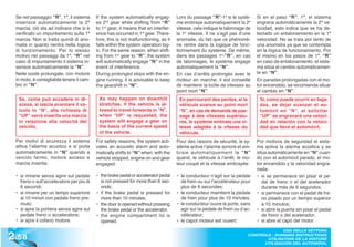 Se nel passaggio “R”, 1ª, il sistema      If the system automatically engag-        Lors du passage “R”-1e si le systè-      Si en el paso “R”, 1ª, el sistema
  inserisce automaticamente la 2ª           es 2nd gear while shifting from “R”       me embraye automatiquement la 2e         engrana automáticamente la 2ª ve-
  marcia, ciò sta ad indicare che si è      to 1st gear, it means that an interfer-   vitesse, cela indique le talonnage de    locidad, esto indica que se ha de-
  verificato un impuntamento sulla 1ª       ence has occurred in 1st gear. There-     la 1e vitesse. Il ne s’agit pas d’une    tectado un entalonamiento en la 1ª
  marcia. Non si tratta quindi di ano-      fore, this is not malfunctioning, as it   anomalie, du fait que ce phénomè-        velocidad. No se trata por tanto de
  malia in quanto rientra nella logica      falls within the system operation log-    ne rentre dans la logique de fonc-       una anomalía ya que se contempla
  di funzionamento. Per lo stesso           ic. For the same reason, when shift-      tionnement du système. De même,          en la lógica de funcionamiento. Por
  motivo nei passaggi da 1ª, “R” nel        ing from 1st gear to “R”, the system      dans les passages 1e-”R”, en cas         el mismo en los pasos de 1ª, “R”
  caso di impuntamento il sistema in-       will automatically engage “N” in the      de talonnages, le système engage         en caso de entalonamiento, el siste-
  serisce automaticamente la “N”.           event of interference.                    automatiquement la “N”.                  ma sitúa el cambio automáticamen-
  Nelle soste prolungate, con motore        During prolonged stops with the en-       En cas d’arrêts prolongés avec le        te en “N”.
  in moto, è consigliabile tenere il cam-   gine running, it is advisable to keep     moteur en marche, il est conseillé       En paradas prolongadas con el mo-
  bio in “N”.                               the gearshift in “N”.                     de maintenir la boîte de vitesses au     tor encendido, se recomienda situar
                                                                                      point mort “N”.                          el cambio en “N”.
   Se, come può accadere in di-              As may happen on downhill                 En parcourant des pentes, si le          Si, como puede ocurrir en baja-
   scesa, si lascia avanzare il ve-          stretches, if the vehicle is al-          véhicule avance au point mort            das, se dejar avanzar el au-
   icolo in “N”, alla richiesta di           lowed to travel forwards in “N”,          “N”, en cas de demande de pas-           tomóvil en “N”, al solicitar
   “UP” verrà inserita una marcia            when “UP” is requested, the               sage à des vitesses supérieu-            “UP” se engranará una veloci-
   in relazione alla velocità del            system will engage a gear on              res, le système embraie une vi-          dad en relación con la veloci-
   veicolo.                                  the basis of the current speed            tesse adaptée à la vitesse du            dad que lleve el automóvil.
                                             of the vehicle.                           véhicule.
  Per motivi di sicurezza il sistema        For safety reasons, the system acti-      Pour des raisons de sécurité, le sy-     Por motivos de seguridad el siste-
  attiva l’allarme acustico e si porta      vates an acoustic alarm and auto-         stème active l’alarme sonore et em-      ma activa la alarma acústica y se
  automaticamente in “N” quando a           matically shifts to “N” when, with the    braie automatiquement la “N”             sitúa automáticamente en “N” cuan-
  veicolo fermo, motore acceso e            vehicle stopped, engine on and gear       quand, le véhicule à l’arrêt, le mo-     do con el automóvil parado, el mo-
  marcia inserita:                          engaged:                                  teur coupé et la vitesse embrayée:       tor encendido y la velocidad engra-
                                                                                                                               nada:
  • si rimane senza agire sul pedale        • the brake pedal or accelerator pedal    • le conducteur n’agit sur la pédale     • si se permanece sin pisar el pe-
    freno o sull’acceleratore per più di      is not pressed for more than 6 sec-       de frein ou sur l’accélérateur pour       dal de freno o el del acelerador
    6 secondi;                                onds;                                     plus de 6 secondes;                       durante más de 6 segundos;
  • si rimane per un tempo superiore        • if the brake pedal is pressed for       • le conducteur maintient la pédale      • si permanece con el pedal de fre-
    ai 10 minuti con pedale freno pre-        more than 10 minutes;                     de frein pour plus de 10 minutes;         no pisado por un tiempo superior
    muto;                                   • the door is opened without pressing     • le conducteur ouvre la porte, sans        a 10 minutos;
  • si apre la portiera senza agire sul       the brake pedal or the accelerator.       agir sur la pédale de frein ou d’ac-   • si abre la puerta sin pisar el pedal
    pedale freno o acceleratore;            • the engine compartment lid is             célérateur;                               de freno o del acelerador;
  • si apre il cofano motore.                 opened.                                 • le capot moteur est ouvert.            • si abre el capó del motor.


2 .58
                                                                                                                                        USO DELLA VETTURA
                                                                                                                          CONTROLS - RUNNING INSTRUCTIONS
                                                                                                                                 UTILISATION DE LA VOITURE
                                                                                                                                UTILISACIÓN DEL AUTOMÓVIL
 