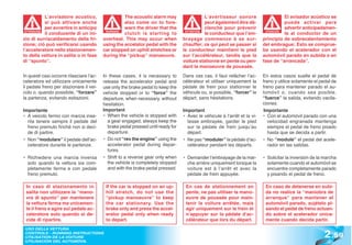 L’avvisatore acustico,                  The acoustic alarm may                   L’avertisseur sonore                    El avisador acústico se
            si può attivare anche                   also come on to fore-                    peut également être dé-                 puede activar para
            per avvertire in anticipo               warn the driver that the                 clenché pour prévenir                   advertir anticipadamen-
            il conducente di un ini-                clutch is starting to                    le conducteur que l’em-                 te al conductor de un
 ATTENZIONE                                WARNING!                                ATTENTION                                ATENCIÓN
                                                                                                                            ATENCI


zio di surriscaldamento della fri-        overheat. This may occur when           brayage commence à se sur-               principio de sobrecalentamiento
zione; ciò può verificarsi usando         using the accelator pedal with the      chauffer; ce qui peut se passer si       del embrague; Esto se comprue-
l’acceleratore nello stazionamen-         car stopped on uphill stretches or      le conducteur maintient le pied          ba usando el acelerador con el
to della vettura in salita o in fase      during the “pickup” manoeuvre.          sur l’accélérateur, tandis que la        automóvil parado en subida o en
di “spunto”.                                                                      voiture stationne en pente ou pen-       fase de “arrancada”.
                                                                                  dant la manoeuvre de poussée.
In questi casi occorre rilasciare l’ac-   In these cases, it is necessary to      Dans ces cas, il faut relâcher l’ac-     En estos casos suelte el pedal de
celeratore ed utilizzare unicamente       release the accelerator pedal and       célérateur et utiliser uniquement la     freno y utilice solamente el pedal de
il pedale freno per stazionare il vei-    use only the brake pedal to keep the    pédale de frein pour stationner le       freno para mantener parado el au-
colo o, quando possibile, “forzare”       vehicle stopped or to “force” the       véhicule ou, si possible, “forcer” le    tomóvil o, cuando sea posible,
la partenza, evitando esitazioni.         departure, when necessary, without      départ, sans hésitations.                “fuerce” la salida, evitando vacila-
                                          hesitation.                                                                      ciones.
Importante                                Important                               Important                                 Importante
• A veicolo fermo con marcia inse-        • When the vehicle is stopped with      • Avec le véhicule à l’arrêt et la vi-   • Con el automóvil parado con una
  rita tenere sempre il pedale del          a gear engaged, always keep the         tesse embrayée, garder le pied            velocidad engranada mantenga
  freno premuto finché non si deci-         brake pedal pressed until ready for     sur la pédale de frein jusqu’au           siempre el pedal de freno pisado
  de di partire.                            departure.                              départ.                                   hasta que se decida a partir.
• Non “modulare” il pedale dell’ac-       • Do not “rev the engine” using the     • Ne pas “moduler” la pédale d’ac-       • No “module” el pedal del acele-
  celeratore durante le partenze.           accelerator pedal during depar-         célérateur pendant les départs.           rador en las salidas.
                                            tures.
• Richiedere una marcia inversa           • Shift to a reverse gear only when     • Demander l’embrayage de la mar-        • Solicitar la inversión de la marcha
  solo quando la vettura sia com-           the vehicle is completely stopped       che arrière uniquement lorsque la        solamente cuando el automóvil se
  pletamente ferma e con pedale             and with the brake pedal pressed.       voiture est à l’arrêt et avec la         encuentre completamente parado
  freno premuto.                                                                    pédale de frein appuyée.                 y pisando el pedal de freno.

 In caso di stazionamento in               If the car is stopped on an up-         En cas de stationnement en               En caso de detenerse en subi-
 salita non utilizzare la “mano-           hill stretch, do not use the            pente, ne pas utiliser la mano-          da no realice la “maniobra de
 vra di spunto” per mantenere              “pickup manoeuvre” to keep              euvre de poussée pour main-              arranque” para mantener el
 la vettura ferma ma unicamen-             the car stationary. Use the             tenir la voiture arrêtée, mais           automóvil parado, sujételo pi-
 te il freno e agire sul pedale ac-        brake only and press the accel-         agir uniquement sur le frein et          sando el pedal de freno actuan-
 celeratore solo quando si de-             erator pedal only when ready            n’appuyer sur la pédale d’ac-            do sobre el acelerador única-
 cide di ripartire.                        to depart.                              célérateur que lors du départ.           mente cuando decida partir.


                                                                                                                                                          2 .59
 USO DELLA VETTURA
 CONTROLS - RUNNING INSTRUCTIONS
 UTILISATION DE LA VOITURE
 UTILISACIÓN DEL AUTOMÓVIL
 