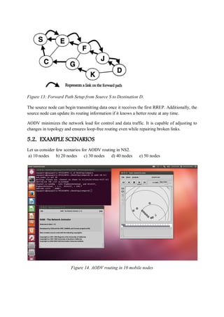 Figure 13: Forward Path Setup from Source S to Destination D.
The source node can begin transmitting data once it receives the first RREP. Additionally, the
source node can update its routing information if it knows a better route at any time.
AODV minimizes the network load for control and data traffic. It is capable of adjusting to
changes in topology and ensures loop-free routing even while repairing broken links.
5.2. EXAMPLE SCENARIOS
Let us consider few scenarios for AODV routing in NS2.
a) 10 nodes b) 20 nodes c) 30 nodes d) 40 nodes e) 50 nodes
Figure 14. AODV routing in 10 mobile nodes
 
