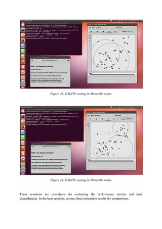 Figure 23. EAODV routing in 40 mobile nodes
Figure 24. EAODV routing in 50 mobile nodes
These scenarios are considered for evaluating the performance metrics and inter
dependencies. In the later sections, we use these simulation results for comparisons.
 