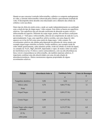 Quanto ao que concerne à emissão infravermelha, o plástico se comporta analogamente
ao vidro, a emissão infravermelha é absorvida pela colméia e parcialmente irradiada de
volta. O desempenho deste desenho esta relacionado com o diâmetro das células da
colméia e com sua altura.
Outro tipo de efeito de estufa existe, e pode ser usado independentemente ou combinado
com a estufa do tipo de chapa negra / vidro comum. Este efeito se baseia em superfícies
seletivas. Tais superfícies têm um elevado coeficiente de absorção na parte visível e
infravermelha do espectro. Diferente do corpo negro, porém, têm um baixo coeficiente
de emissão, ε = 0,02 para o infravermelho, além de um comprimento de onda de 2 µ m,
aproximadamente. Logo, uma superfície seletiva sozinha, sem uma chapa de vidro
aquecer-se-á à luz do Sol como uma estufa de chapa negra / vidro comum. Os
revestimentos seletivos são obtidos pela deposição de películas de vários metais, por
exemplo níquel negro eletrólito ou berílio; óxidos metálicos, por exemplo óxido de
cobre obtido quimicamente, sobre alumínio polido, óxido de cobalto ou óxido de níquel,
ou camadas de: Fe2O3, MgF2,SiO,SiN, depositadas a vapor, de modo a obter um efeito
de interferência na luz. O silício e outros semicondutores, com sua alta absortância na
faixa visível e transmitância no infravermelho, são também materiais seletivos. É
importante combinar uma alta absortividade com uma elevada relação de
absortância/emitância. Abaixo mostraremos algumas propriedades de alguns
revestimentos seletivos.
Película Absortância Solar α Emitância Solar
ε
Fator de Desempenh
ε
Tungstênio dentítrico 0,96 0,26 3,7
Silício sobre
Prata
0,76 0,06 (773 K) 12
Níquel Negro 0,90 0,08 (573 K) 11
Cromo Negro 0,98 0,19 (573 K) 5,1
Cromo Negro sobre níquel
prateado
0,93 0,19 (573 K) 4,8
Zr Ny
sobre prata
0,85 0,03 (600 K) 24
 