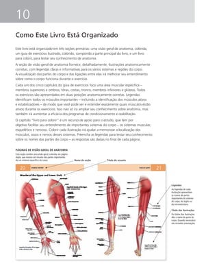 10
Como Este Livro Está Organizado
Este livro está organizado em três seções primárias: uma visão geral de anatomia, colorida,
um guia de exercícios ilustrado, colorido, compondo a parte principal do livro, e um livro
para colorir, para testar seu conhecimento de anatomia.
A seção de visão geral de anatomia fornece, detalhadamente, ilustrações anatomicamente
corretas, com legendas claras e informativas para os vários sistemas e regiões do corpo.
A visualização das partes do corpo e das ligações entre elas irá melhorar seu entendimento
sobre como o corpo funciona durante o exercício.
Cada um dos cinco capítulos do guia de exercícios foca uma área muscular especíﬁca –
membros superiores e ombros, tórax, costas, tronco, membros inferiores e glúteos. Todos
os exercícios são apresentados em duas posições anatomicamente corretas. Legendas
identiﬁcam todos os músculos importantes – incluindo a identiﬁcação dos músculos ativos
e estabilizadores – de modo que você pode ver e entender exatamente quais músculos estão
ativos durante os exercícios. Isso não só irá ampliar seu conhecimento sobre anatomia, mas
também irá aumentar a eﬁcácia dos programas de condicionamento e reabilitação.
O capítulo “livro para colorir” é um recurso de apoio para o estudo, que tem por
objetivo facilitar seu entendimento de importantes sistemas do corpo – os sistemas muscular,
esquelético e nervoso. Colorir cada ilustração irá ajudar a memorizar a localização dos
músculos, ossos e nervos desses sistemas. Preencha as legendas para testar seu conhecimento
sobre os nomes das partes do corpo – as respostas são dadas no ﬁnal de cada página.
Legendas
As legendas de cada
ilustração apresentam
os nomes de partes
importantes do sistema
do corpo, do órgão ou
da microestrutura.
Título das ilustrações
Os títulos das ilustrações
dão o nome da parte do
corpo. Quando necessário.
são incluídas orientações.
Nome da seção Título do assunto
PÁGINAS DE VISÃO GERAL DE ANATOMIA
Esta seção contém uma visão geral, colorida, em página
dupla, que mostra um resumo das partes importantes
de um sistema especíﬁco do corpo.
 