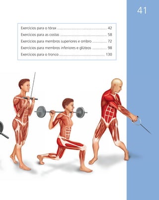 41
Exercícios para o tórax ................................................ 42
Exercícios para as costas ............................................. 58
Exercícios para membros superiores e ombro .............. 72
Exercícios para membros inferiores e glúteos .............. 98
Exercícios para o tronco ............................................ 130
 