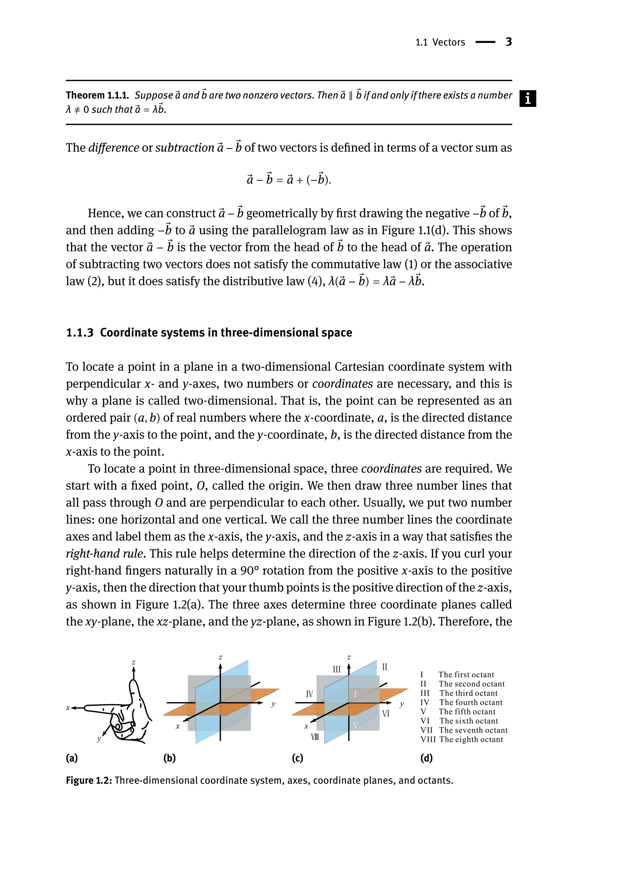 1.1 Vectors | 3
Theorem 1.1.1. Suppose ⃗
a and ⃗
b are two nonzero vectors. Then ⃗
a ‖ ⃗
b if and only if there exists a number
λ ̸
= 0 such that ⃗
a = λ ⃗
b.
The difference or subtraction ⃗
a − ⃗
b of two vectors is defined in terms of a vector sum as
⃗
a − ⃗
b = ⃗
a + (− ⃗
b).
Hence, we can construct ⃗
a − ⃗
b geometrically by first drawing the negative − ⃗
b of ⃗
b,
and then adding − ⃗
b to ⃗
a using the parallelogram law as in Figure 1.1(d). This shows
that the vector ⃗
a − ⃗
b is the vector from the head of ⃗
b to the head of ⃗
a. The operation
of subtracting two vectors does not satisfy the commutative law (1) or the associative
law (2), but it does satisfy the distributive law (4), λ( ⃗
a − ⃗
b) = λ ⃗
a − λ ⃗
b.
1.1.3 Coordinate systems in three-dimensional space
To locate a point in a plane in a two-dimensional Cartesian coordinate system with
perpendicular x- and y-axes, two numbers or coordinates are necessary, and this is
why a plane is called two-dimensional. That is, the point can be represented as an
ordered pair (a, b) of real numbers where the x-coordinate, a, is the directed distance
from the y-axis to the point, and the y-coordinate, b, is the directed distance from the
x-axis to the point.
To locate a point in three-dimensional space, three coordinates are required. We
start with a fixed point, O, called the origin. We then draw three number lines that
all pass through O and are perpendicular to each other. Usually, we put two number
lines: one horizontal and one vertical. We call the three number lines the coordinate
axes and label them as the x-axis, the y-axis, and the z-axis in a way that satisfies the
right-hand rule. This rule helps determine the direction of the z-axis. If you curl your
right-hand fingers naturally in a 90° rotation from the positive x-axis to the positive
y-axis, then the direction that your thumb points is the positive direction of the z-axis,
as shown in Figure 1.2(a). The three axes determine three coordinate planes called
the xy-plane, the xz-plane, and the yz-plane, as shown in Figure 1.2(b). Therefore, the
(a) (b) (c) (d)
Figure 1.2: Three-dimensional coordinate system, axes, coordinate planes, and octants.
 