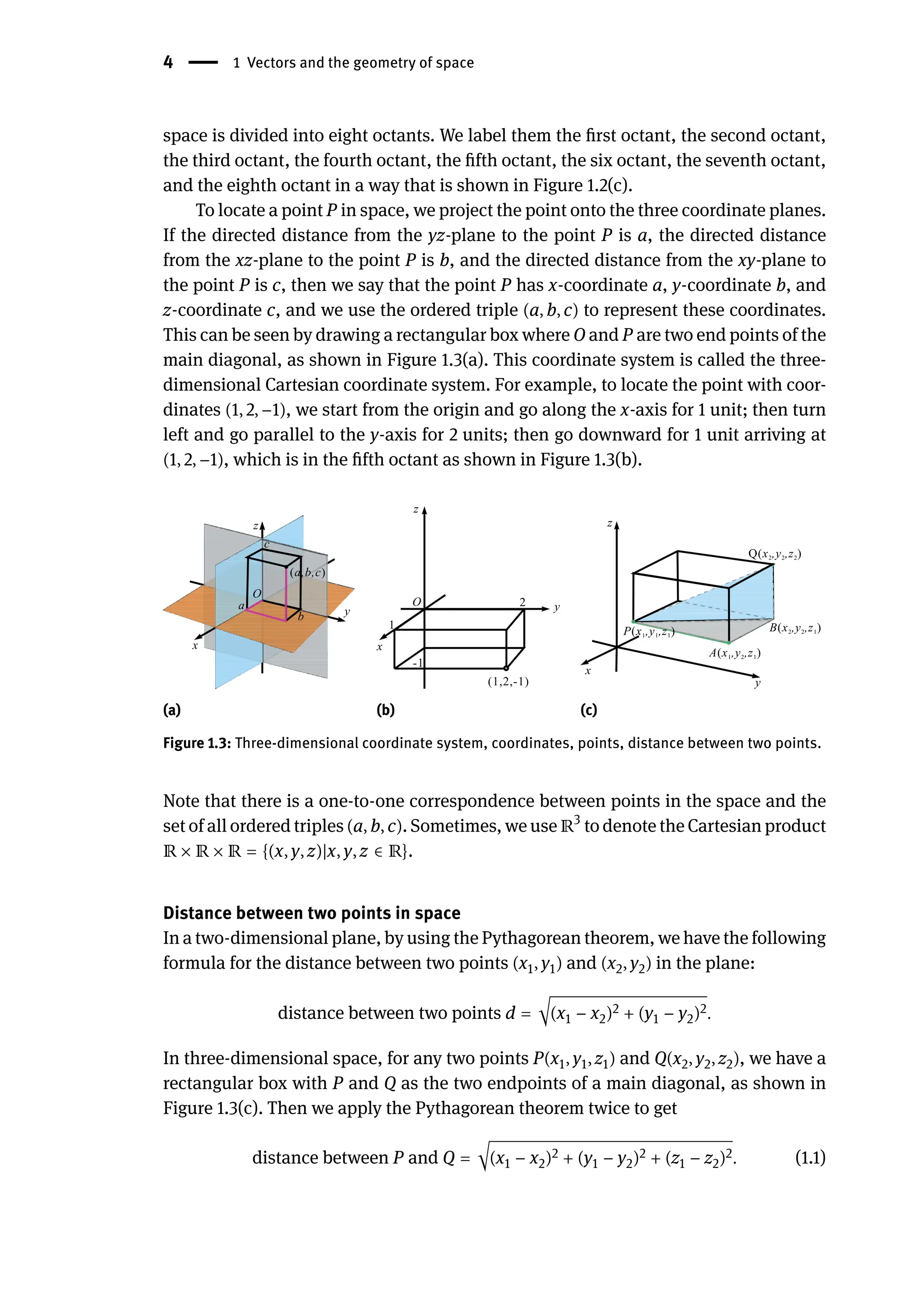 4 | 1 Vectors and the geometry of space
space is divided into eight octants. We label them the first octant, the second octant,
the third octant, the fourth octant, the fifth octant, the six octant, the seventh octant,
and the eighth octant in a way that is shown in Figure 1.2(c).
To locate a point P in space, we project the point onto the three coordinate planes.
If the directed distance from the yz-plane to the point P is a, the directed distance
from the xz-plane to the point P is b, and the directed distance from the xy-plane to
the point P is c, then we say that the point P has x-coordinate a, y-coordinate b, and
z-coordinate c, and we use the ordered triple (a, b, c) to represent these coordinates.
This can be seen by drawing a rectangular box where O and P are two end points of the
main diagonal, as shown in Figure 1.3(a). This coordinate system is called the three-
dimensional Cartesian coordinate system. For example, to locate the point with coor-
dinates (1, 2, −1), we start from the origin and go along the x-axis for 1 unit; then turn
left and go parallel to the y-axis for 2 units; then go downward for 1 unit arriving at
(1, 2, −1), which is in the fifth octant as shown in Figure 1.3(b).
(a) (b) (c)
Figure 1.3: Three-dimensional coordinate system, coordinates, points, distance between two points.
Note that there is a one-to-one correspondence between points in the space and the
set of all ordered triples (a, b, c). Sometimes, we use ℝ3
to denote the Cartesian product
ℝ × ℝ × ℝ = {(x, y, z)|x, y, z ∈ ℝ}.
Distance between two points in space
In a two-dimensional plane, by using the Pythagorean theorem, we have the following
formula for the distance between two points (x1, y1) and (x2, y2) in the plane:
distance between two points d = √(x1 − x2)2 + (y1 − y2)2.
In three-dimensional space, for any two points P(x1, y1, z1) and Q(x2, y2, z2), we have a
rectangular box with P and Q as the two endpoints of a main diagonal, as shown in
Figure 1.3(c). Then we apply the Pythagorean theorem twice to get
distance between P and Q = √(x1 − x2)2 + (y1 − y2)2 + (z1 − z2)2. (1.1)
 
