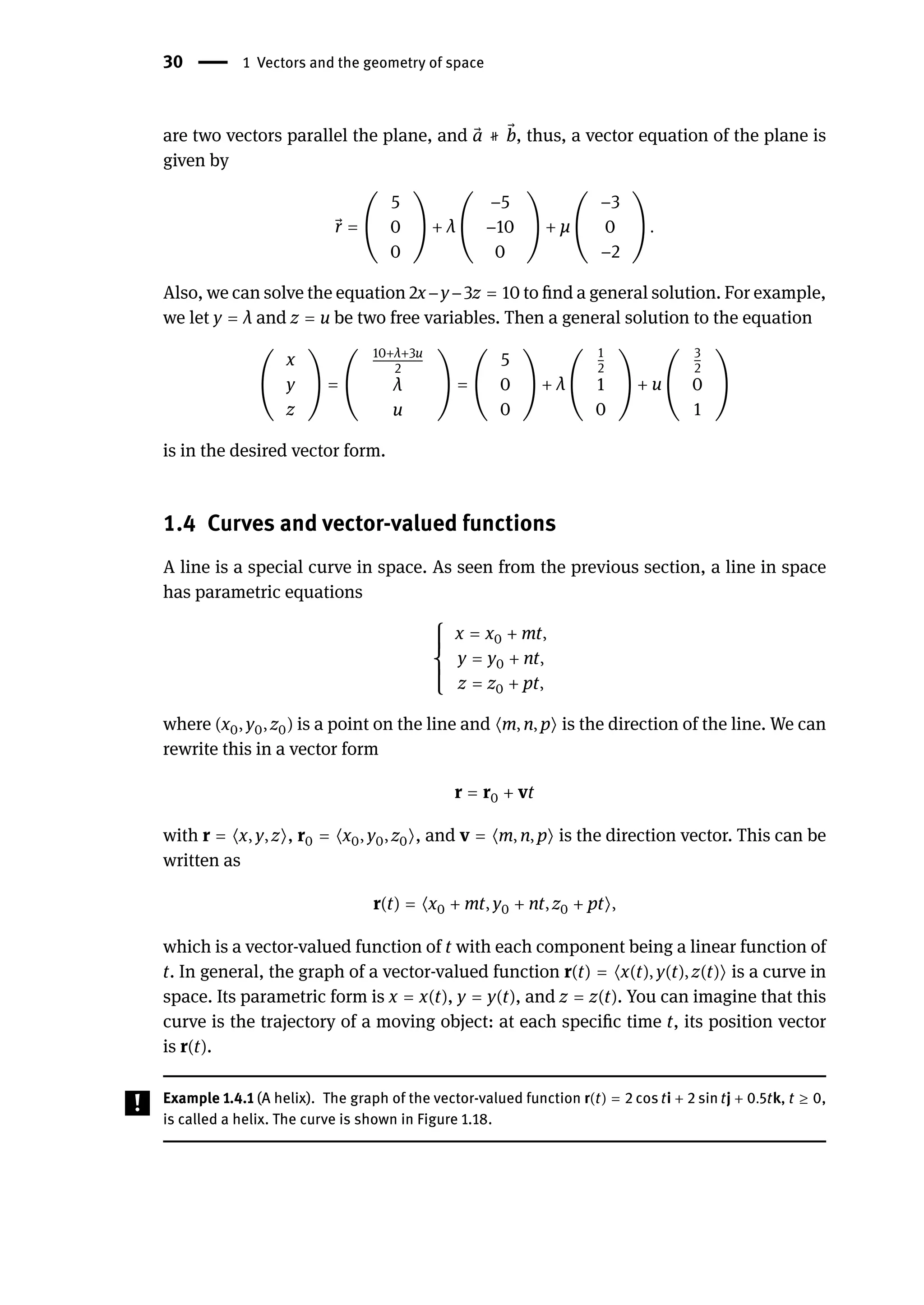 30 | 1 Vectors and the geometry of space
are two vectors parallel the plane, and ⃗
a 󳠑 ⃗
b, thus, a vector equation of the plane is
given by
⃗
r = (
5
0
0
) + λ (
−5
−10
0
) + μ (
−3
0
−2
) .
Also, we can solve the equation 2x−y−3z = 10 to find a general solution. For example,
we let y = λ and z = u be two free variables. Then a general solution to the equation
(
x
y
z
) = (
10+λ+3u
2
λ
u
) = (
5
0
0
) + λ (
1
2
1
0
) + u (
3
2
0
1
)
is in the desired vector form.
1.4 Curves and vector-valued functions
A line is a special curve in space. As seen from the previous section, a line in space
has parametric equations
{
{
{
{
{
x = x0 + mt,
y = y0 + nt,
z = z0 + pt,
where (x0, y0, z0) is a point on the line and ⟨m, n, p⟩ is the direction of the line. We can
rewrite this in a vector form
r = r0 + vt
with r = ⟨x, y, z⟩, r0 = ⟨x0, y0, z0⟩, and v = ⟨m, n, p⟩ is the direction vector. This can be
written as
r(t) = ⟨x0 + mt, y0 + nt, z0 + pt⟩,
which is a vector-valued function of t with each component being a linear function of
t. In general, the graph of a vector-valued function r(t) = ⟨x(t), y(t), z(t)⟩ is a curve in
space. Its parametric form is x = x(t), y = y(t), and z = z(t). You can imagine that this
curve is the trajectory of a moving object: at each specific time t, its position vector
is r(t).
Example 1.4.1 (A helix). The graph of the vector-valued function r(t) = 2 cos ti + 2 sin tj + 0.5tk, t ≥ 0,
is called a helix. The curve is shown in Figure 1.18.
 